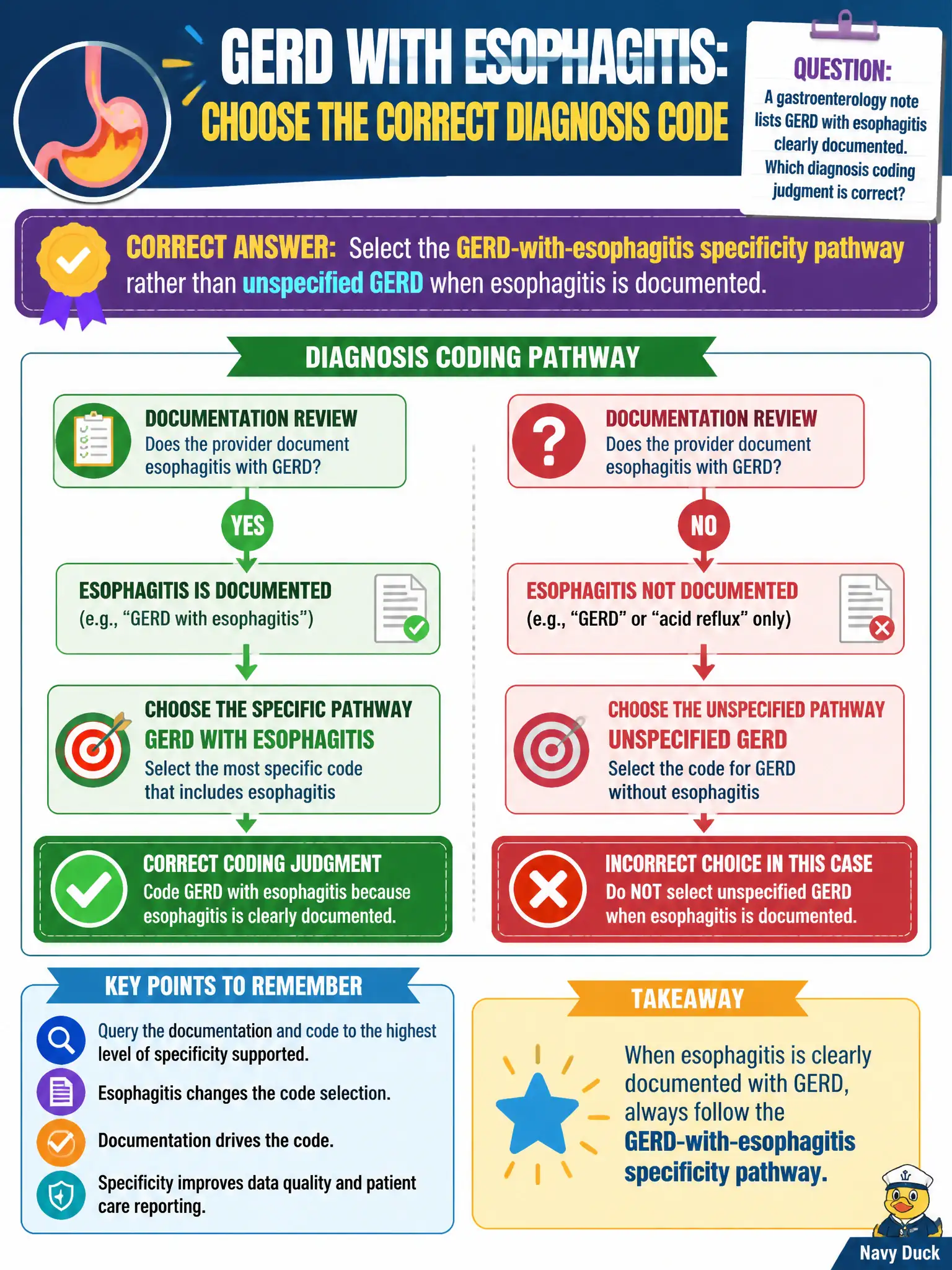 To Create an exciting colorful infographic that explains the concepts in the question: Question: A gastroenterology note lists GERD with esophagitis clearly documented. Which diagnosis coding judgment is correct? Correct Answer: Select the GERD-with-esophagitis specificity pathway rather than unspecified GERD when esophagitis is documented. Put EVERY visible label in double quotes. No people. No A/B/C/D letters. In one of the four corners put a little "Navy Duck".