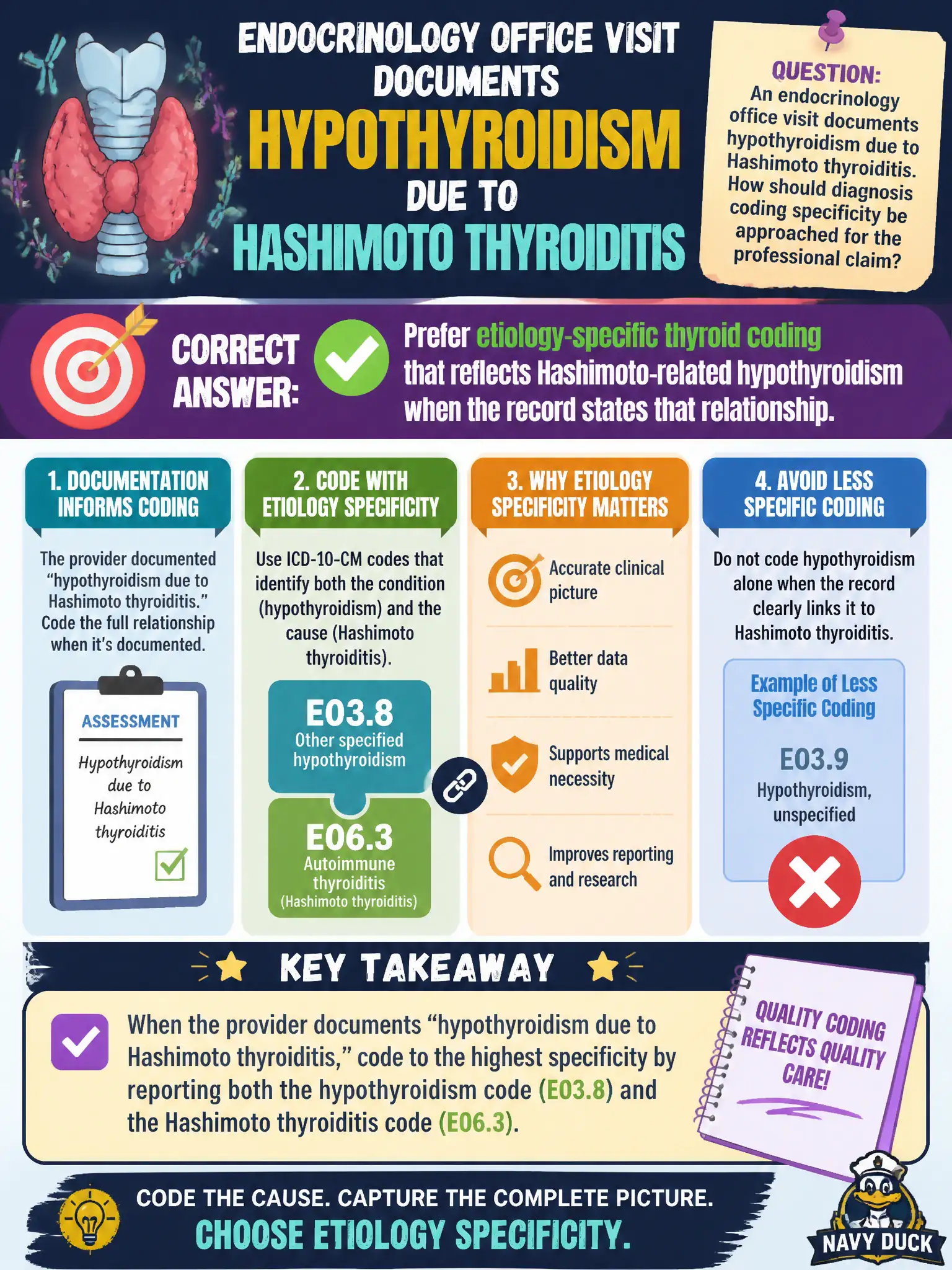 To Create an exciting colorful infographic that explains the concepts in the question: Question: An endocrinology office visit documents hypothyroidism due to Hashimoto thyroiditis. How should diagnosis coding specificity be approached for the professional claim? Correct Answer: Prefer etiology-specific thyroid coding that reflects Hashimoto-related hypothyroidism when the record states that relationship. Put EVERY visible label in double quotes. No people. No A/B/C/D letters. In one of the four corners put a little "Navy Duck".