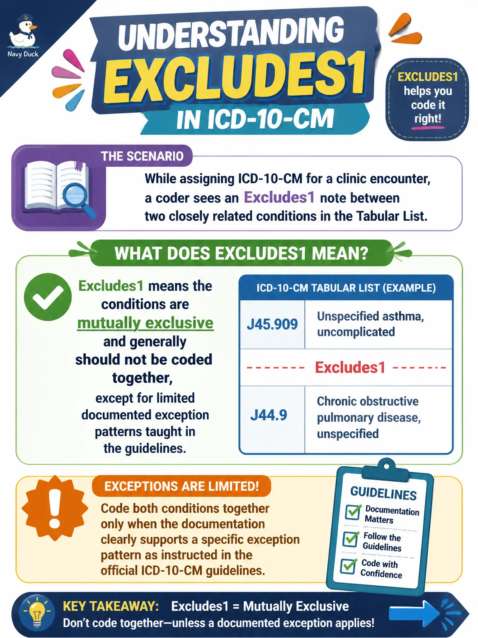 To Create an exciting colorful infographic that explains the concepts in the question: Question: While assigning ICD-10-CM for a clinic encounter, a coder sees an Excludes1 note between two closely related conditions in the Tabular List. What does Excludes1 generally mean for code assignment? Correct Answer: The conditions are mutually exclusive and generally should not be coded together, except for limited documented exception patterns taught in the guidelines. Put EVERY visible label in double quotes. No people. No A/B/C/D letters. In one of the four corners put a little "Navy Duck".