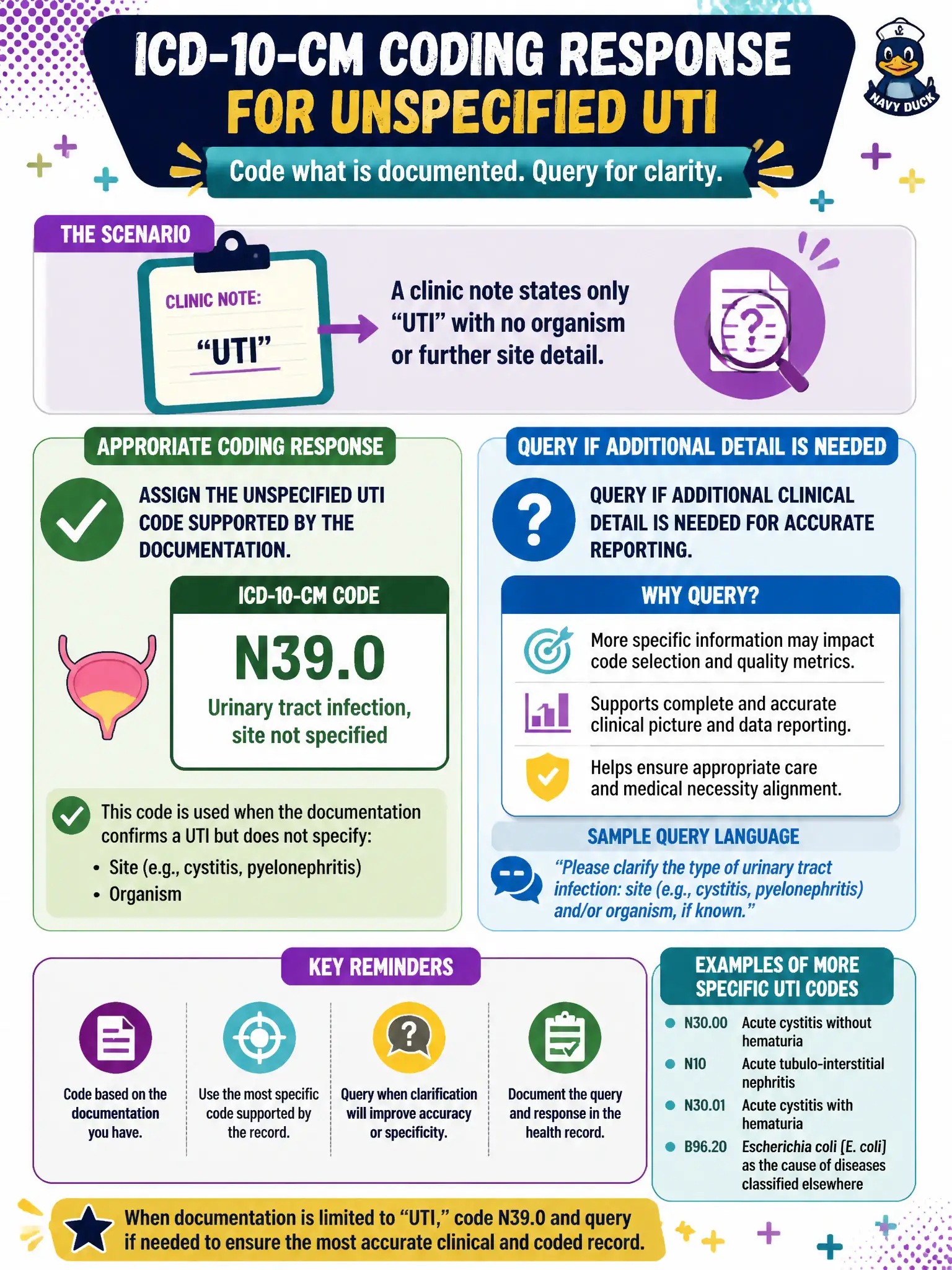 To Create an exciting colorful infographic that explains the concepts in the question: Question: A clinic note states only “UTI” with no organism or further site detail. What is the appropriate coding response under ICD-10-CM conventions? Correct Answer: Assign the unspecified UTI code supported by the documentation, and query if additional clinical detail is needed for accurate reporting. Put EVERY visible label in double quotes. No people. No A/B/C/D letters. In one of the four corners put a little "Navy Duck".