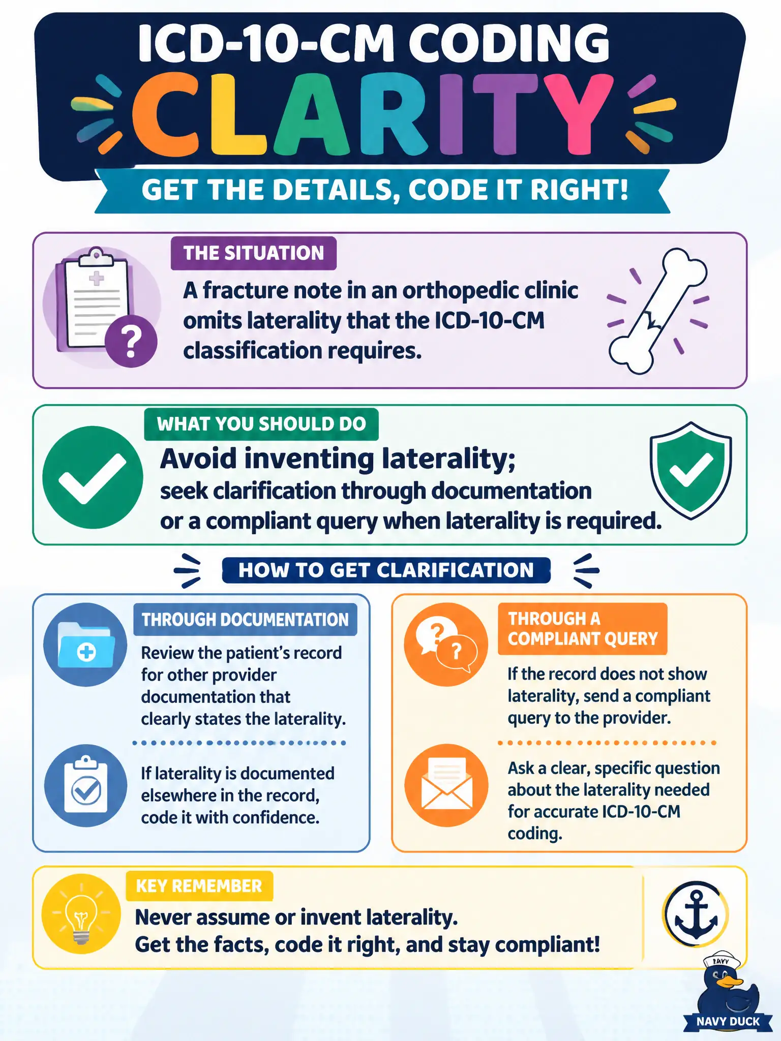 To Create an exciting colorful infographic that explains the concepts in the question: Question: A fracture note in an orthopedic clinic omits laterality that the ICD-10-CM classification requires. What should the coder do? Correct Answer: Avoid inventing laterality; seek clarification through documentation or a compliant query when laterality is required. Put EVERY visible label in double quotes. No people. No A/B/C/D letters. In one of the four corners put a little "Navy Duck".