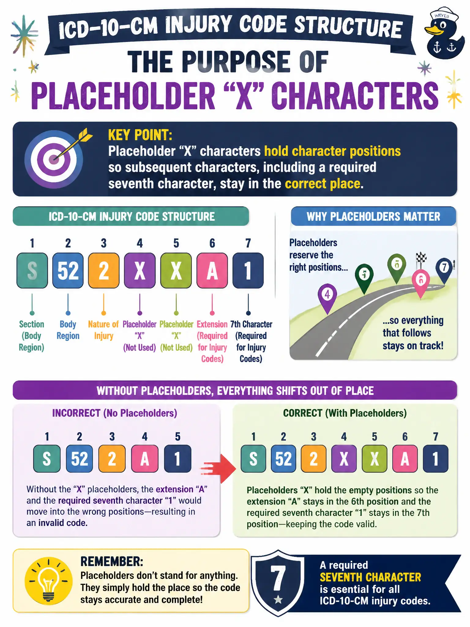 To Create an exciting colorful infographic that explains the concepts in the question: Question: An injury code structure in ICD-10-CM uses placeholder “X” characters. What is the purpose of those placeholders? Correct Answer: They hold character positions so subsequent characters, including a required seventh character, stay in the correct place. Put EVERY visible label in double quotes. No people. No A/B/C/D letters. In one of the four corners put a little "Navy Duck".