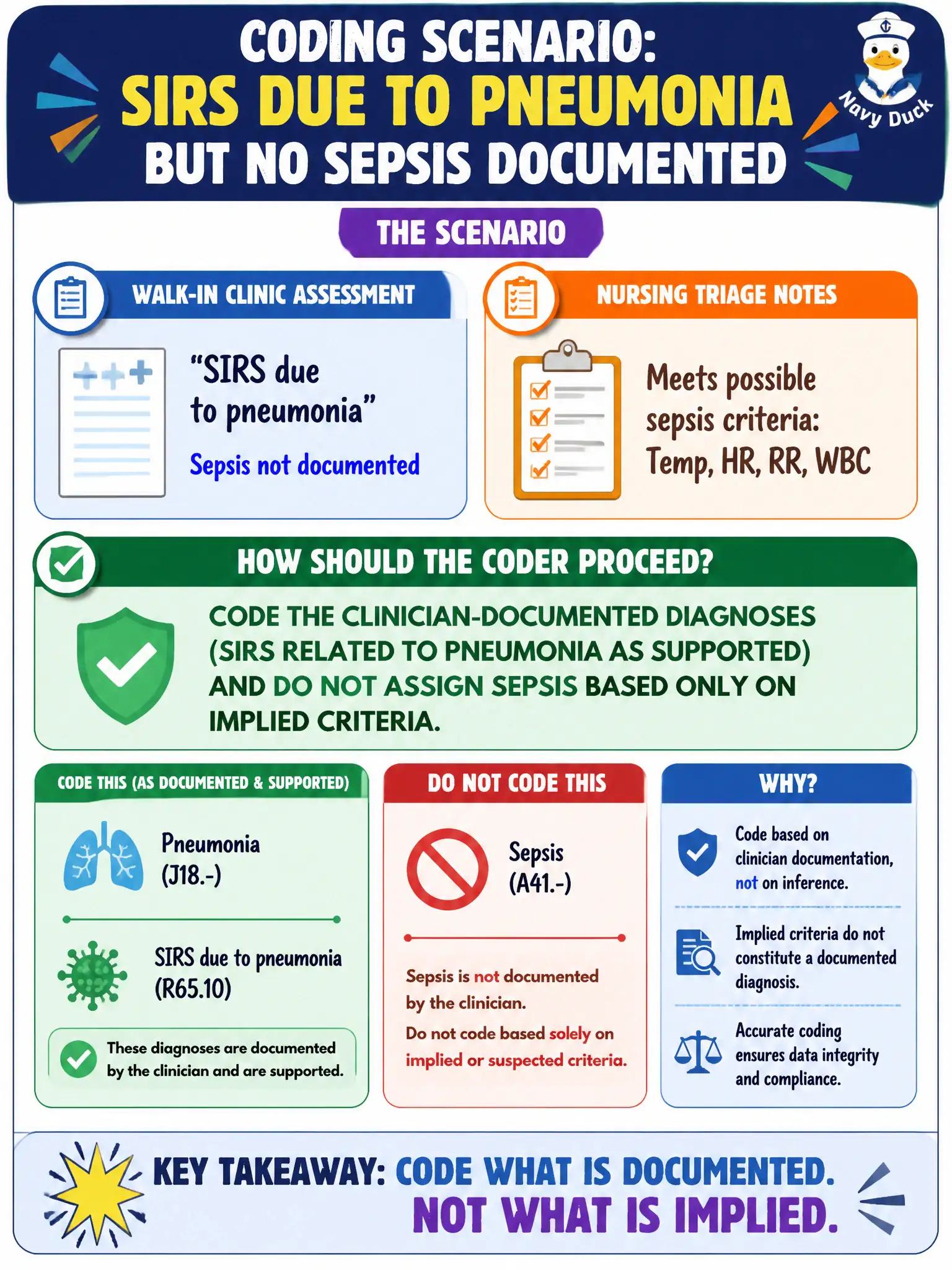 To Create an exciting colorful infographic that explains the concepts in the question: Question: A walk-in clinic assessment states ‘SIRS due to pneumonia’ and does not document sepsis. Nursing triage notes mention possible sepsis criteria. How should the coder proceed? Correct Answer: Code the clinician-documented diagnoses (SIRS related to pneumonia as supported) and do not assign sepsis based only on implied criteria. Put EVERY visible label in double quotes. No people. No A/B/C/D letters. In one of the four corners put a little "Navy Duck".