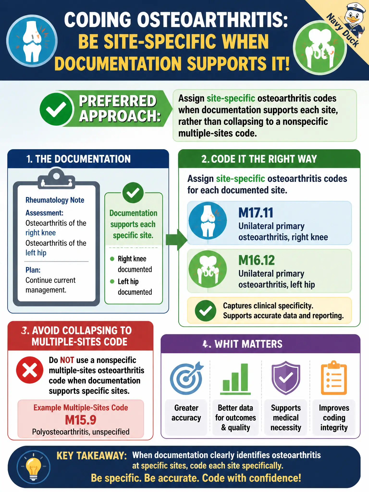 To Create an exciting colorful infographic that explains the concepts in the question: Question: A rheumatology note documents osteoarthritis of the right knee and left hip with enough detail for site-specific coding. A multiple-sites OA option also exists in the classification. What is the preferred approach? Correct Answer: Assign site-specific osteoarthritis codes when documentation supports each site, rather than collapsing to a nonspecific multiple-sites code. Put EVERY visible label in double quotes. No people. No A/B/C/D letters. In one of the four corners put a little "Navy Duck".