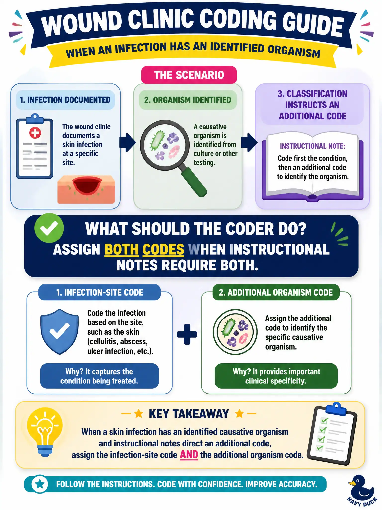 To Create an exciting colorful infographic that explains the concepts in the question: Question: A wound clinic documents a skin infection and identifies a causative organism, and the classification instructs an additional code for the organism. What should the coder do? Correct Answer: Assign the infection-site code and the additional organism code when instructional notes require both. Put EVERY visible label in double quotes. No people. No A/B/C/D letters. In one of the four corners put a little "Navy Duck".