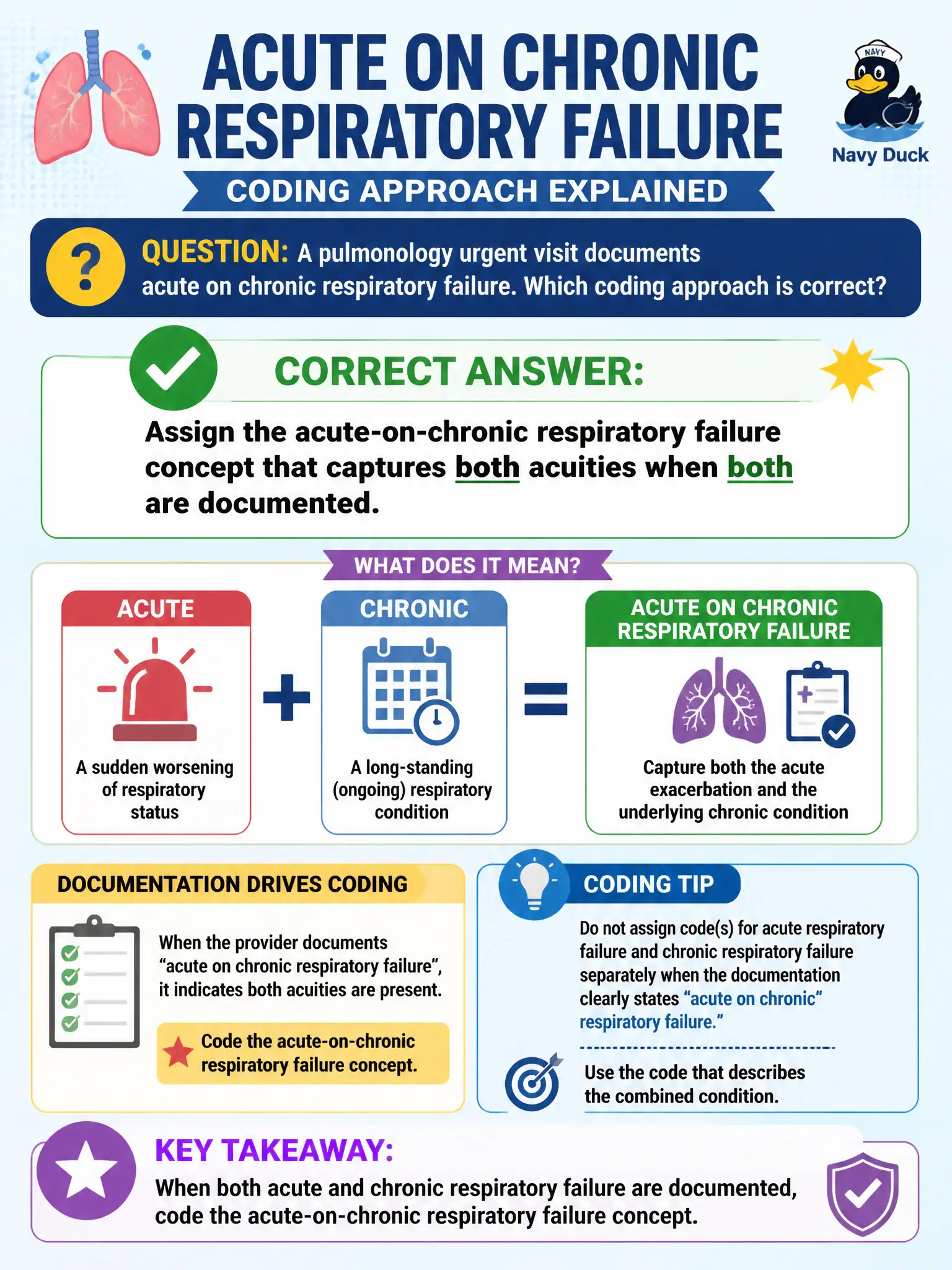 To Create an exciting colorful infographic that explains the concepts in the question: Question: A pulmonology urgent visit documents acute on chronic respiratory failure. Which coding approach is correct? Correct Answer: Assign the acute-on-chronic respiratory failure concept that captures both acuities when both are documented. Put EVERY visible label in double quotes. No people. No A/B/C/D letters. In one of the four corners put a little "Navy Duck".