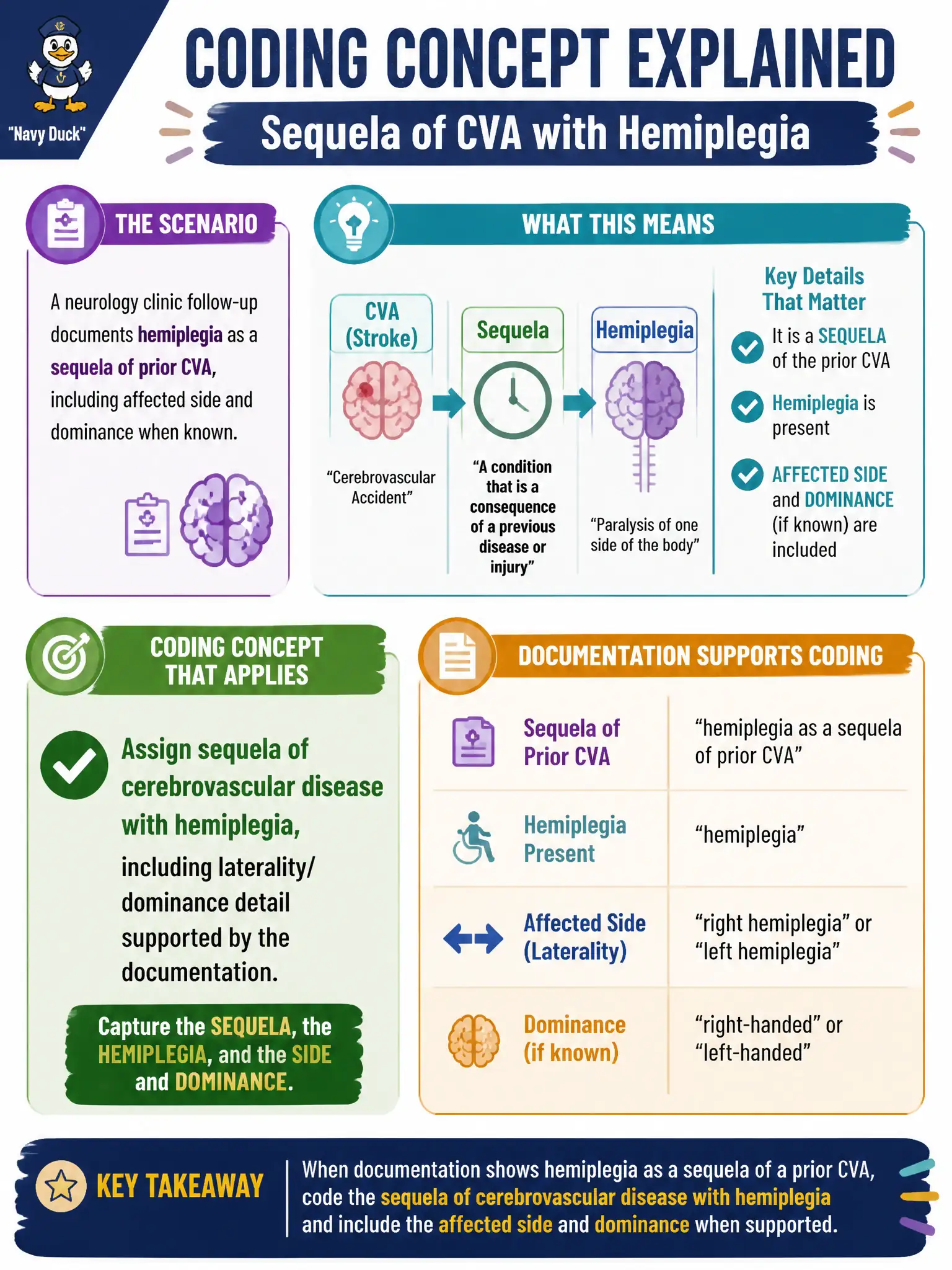 To Create an exciting colorful infographic that explains the concepts in the question: Question: A neurology clinic follow-up documents hemiplegia as a sequela of prior CVA, including affected side and dominance when known. What coding concept applies? Correct Answer: Assign sequela of cerebrovascular disease with hemiplegia, including laterality/dominance detail supported by the documentation. Put EVERY visible label in double quotes. No people. No A/B/C/D letters. In one of the four corners put a little "Navy Duck".