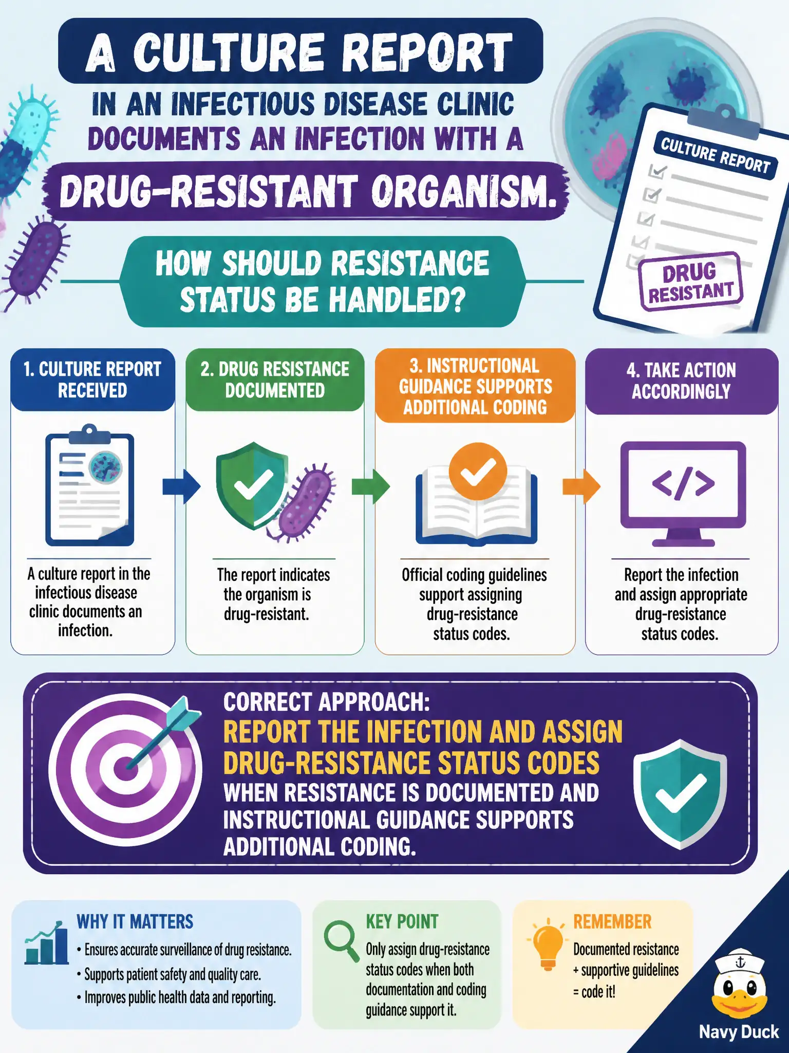 To Create an exciting colorful infographic that explains the concepts in the question: Question: A culture report in an infectious disease clinic documents an infection with a drug-resistant organism. How should resistance status be handled? Correct Answer: Report the infection and assign drug-resistance status codes when resistance is documented and instructional guidance supports additional coding. Put EVERY visible label in double quotes. No people. No A/B/C/D letters. In one of the four corners put a little "Navy Duck".