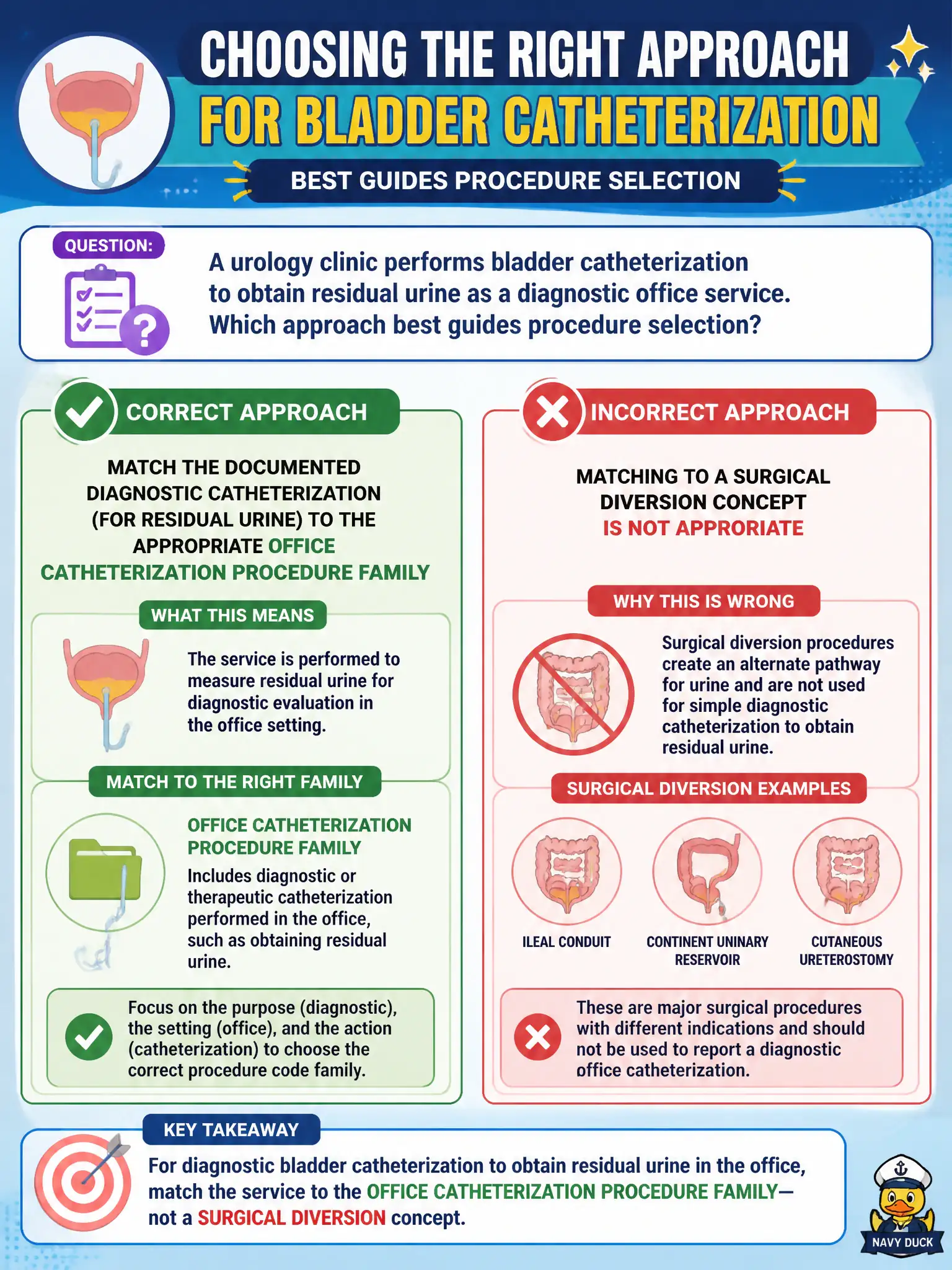 To Create an exciting colorful infographic that explains the concepts in the question: Question: A urology clinic performs bladder catheterization to obtain residual urine as a diagnostic office service. Which approach best guides procedure selection? Correct Answer: Match the documented diagnostic catheterization (for residual urine) to the appropriate office catheterization procedure family rather than a surgical diversion concept. Put EVERY visible label in double quotes. No people. No A/B/C/D letters. In one of the four corners put a little "Navy Duck".