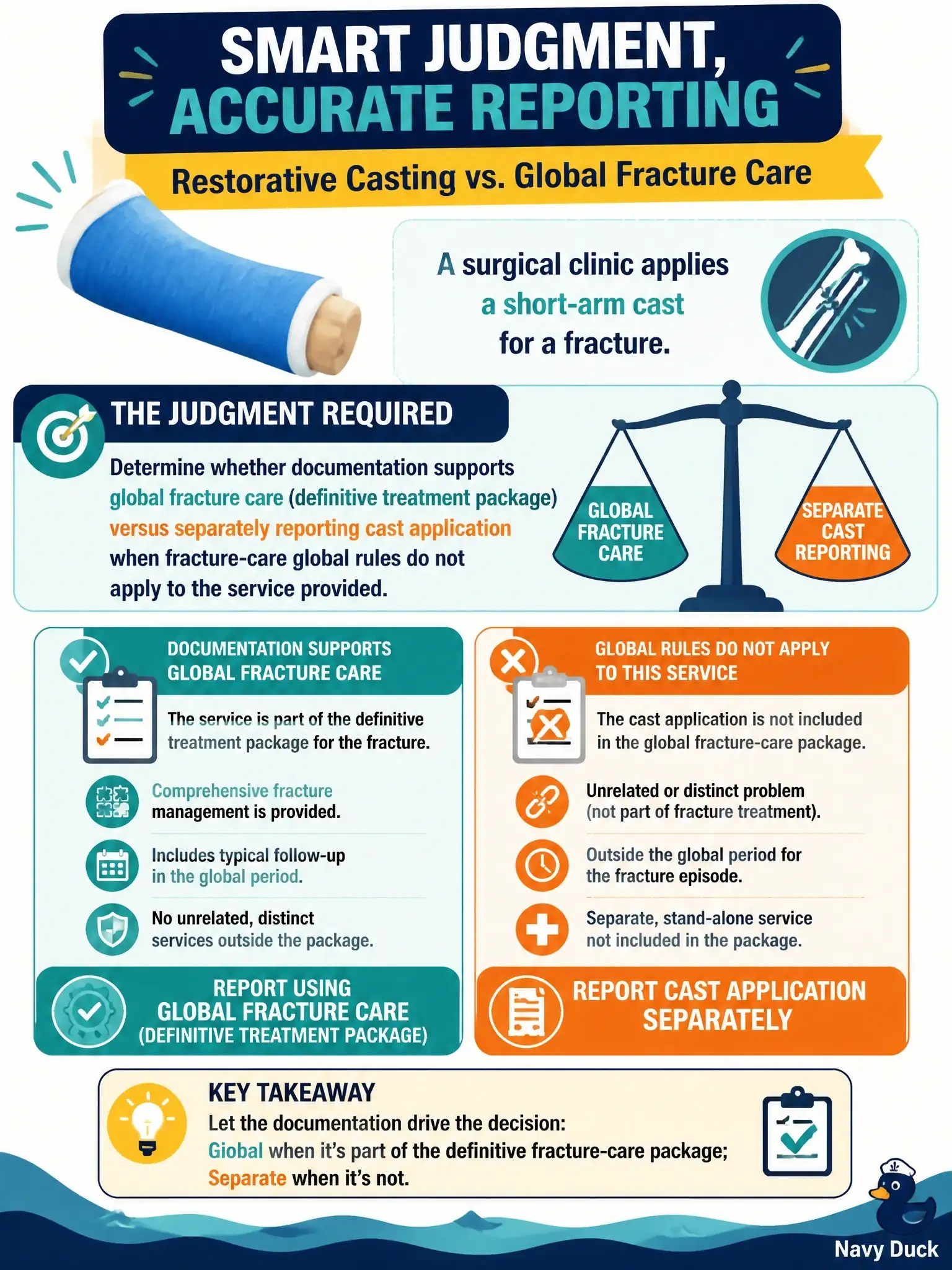 To Create an exciting colorful infographic that explains the concepts in the question: Question: A surgical clinic applies a short-arm cast for a fracture. When deciding between restorative casting and global fracture-care reporting, what judgment is required? Correct Answer: Determine whether documentation supports global fracture care (definitive treatment package) versus separately reporting cast application when fracture-care global rules do not apply to the service provided. Put EVERY visible label in double quotes. No people. No A/B/C/D letters. In one of the four corners put a little "Navy Duck".