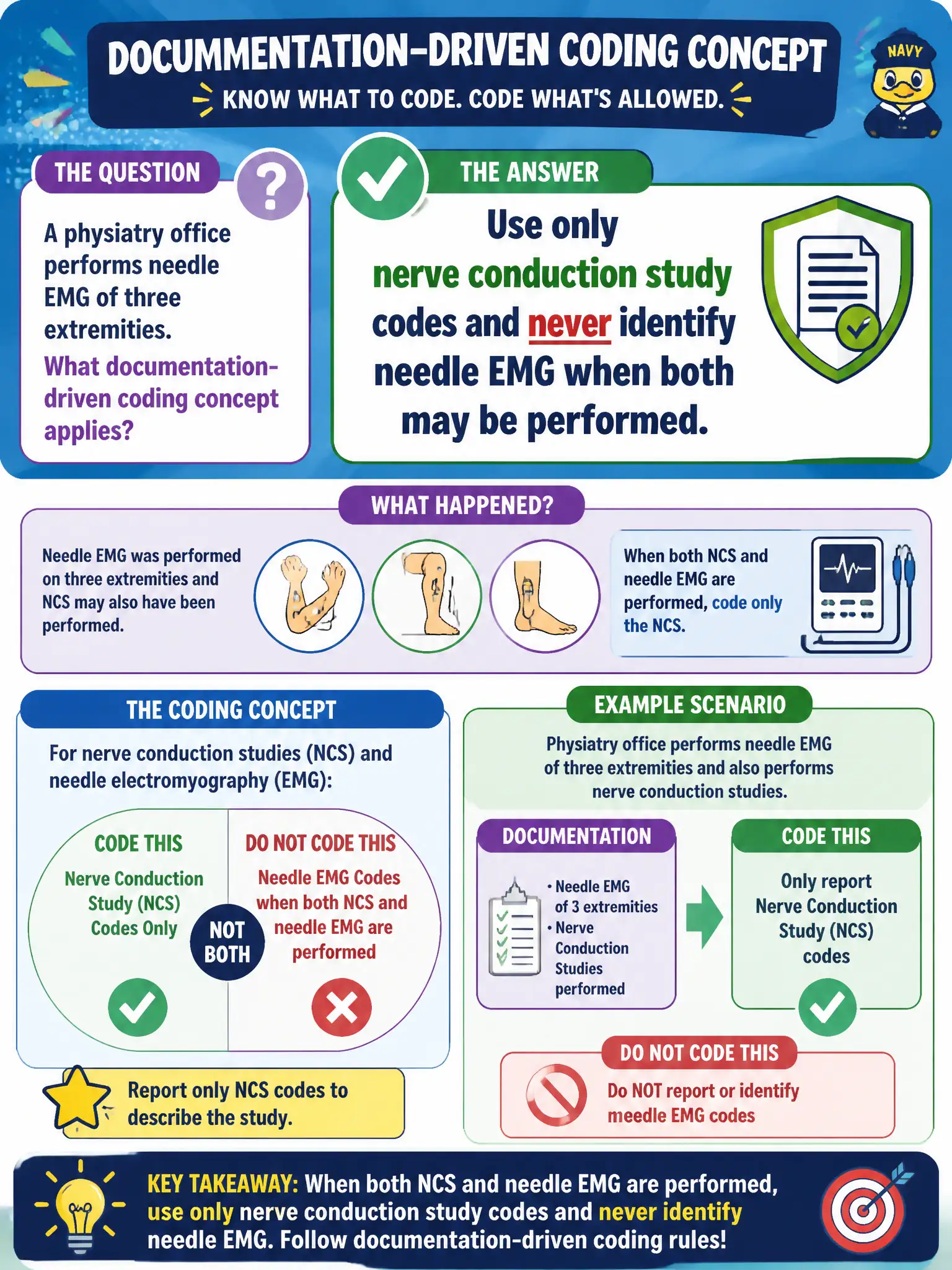 To Create an exciting colorful infographic that explains the concepts in the question: Question: A physiatry office performs needle EMG of three extremities. What documentation-driven coding concept applies? Correct Answer: Use only nerve conduction study codes and never identify needle EMG when both may be performed. Put EVERY visible label in double quotes. No people. No A/B/C/D letters. In one of the four corners put a little "Navy Duck".