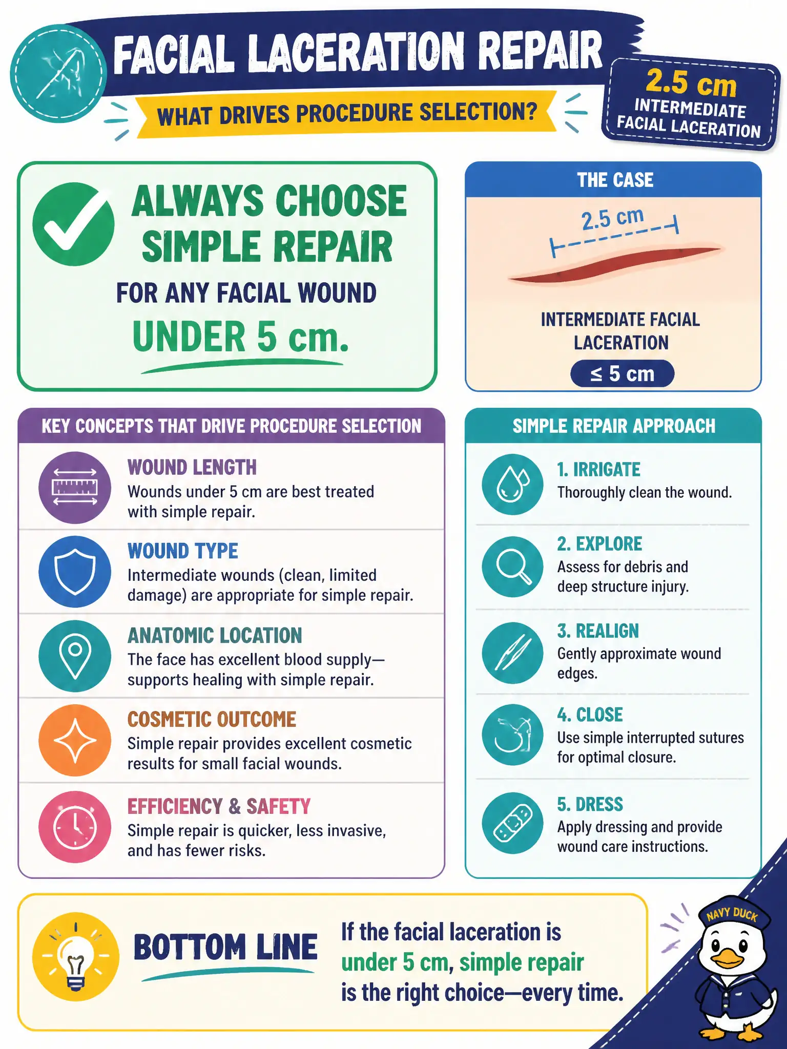 To Create an exciting colorful infographic that explains the concepts in the question: Question: A plastic surgery office repairs a 2.5 cm intermediate facial laceration. Which concepts drive procedure selection? Correct Answer: Always choose simple repair for any facial wound under 5 cm. Put EVERY visible label in double quotes. No people. No A/B/C/D letters. In one of the four corners put a little "Navy Duck".