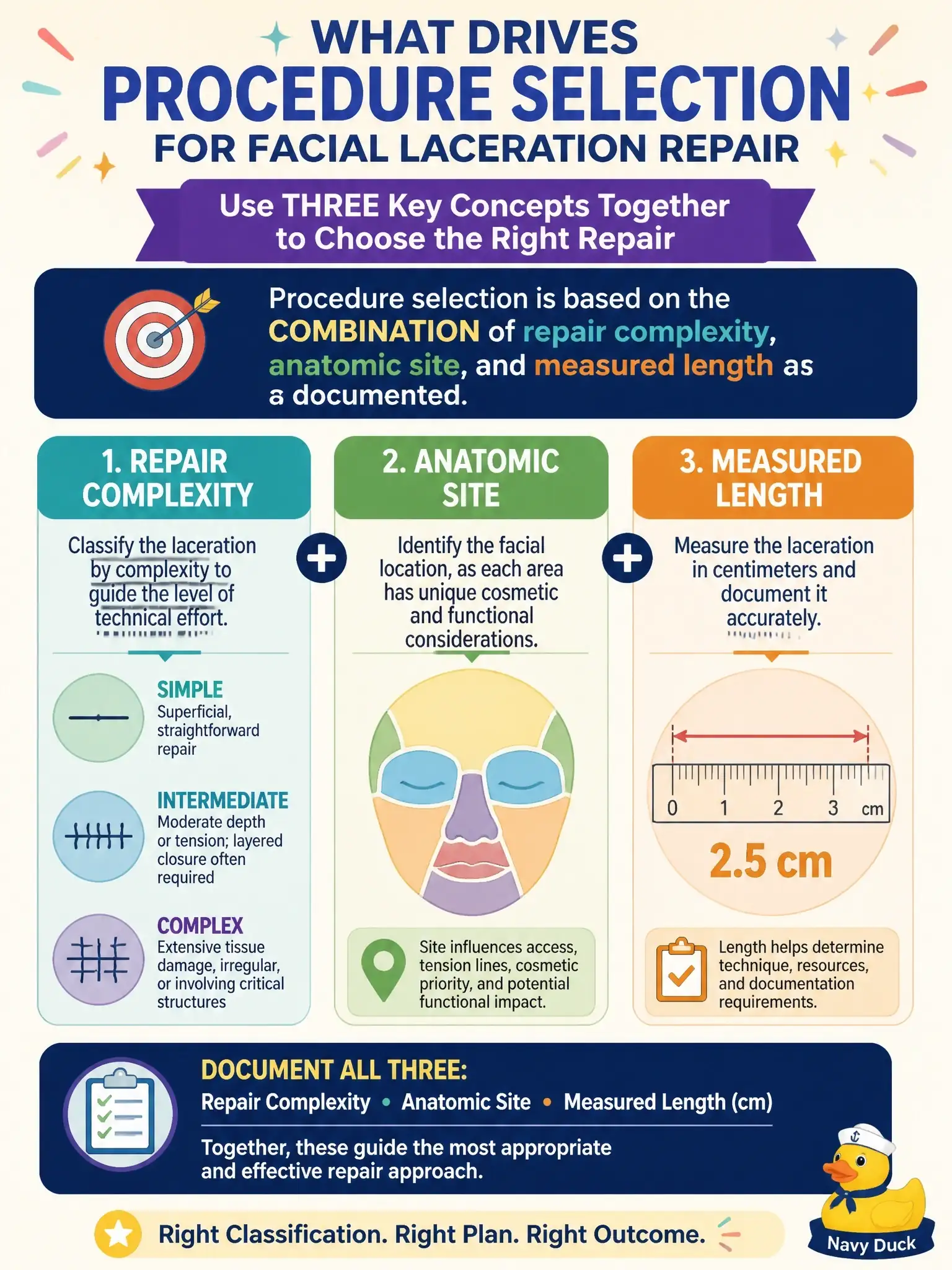 To Create an exciting colorful infographic that explains the concepts in the question: Question: A plastic surgery office repairs a 2.5 cm intermediate facial laceration. Which concepts drive procedure selection? Correct Answer: Select repair complexity (simple vs intermediate vs complex) together with anatomic site and measured length as documented. Put EVERY visible label in double quotes. No people. No A/B/C/D letters. In one of the four corners put a little "Navy Duck".