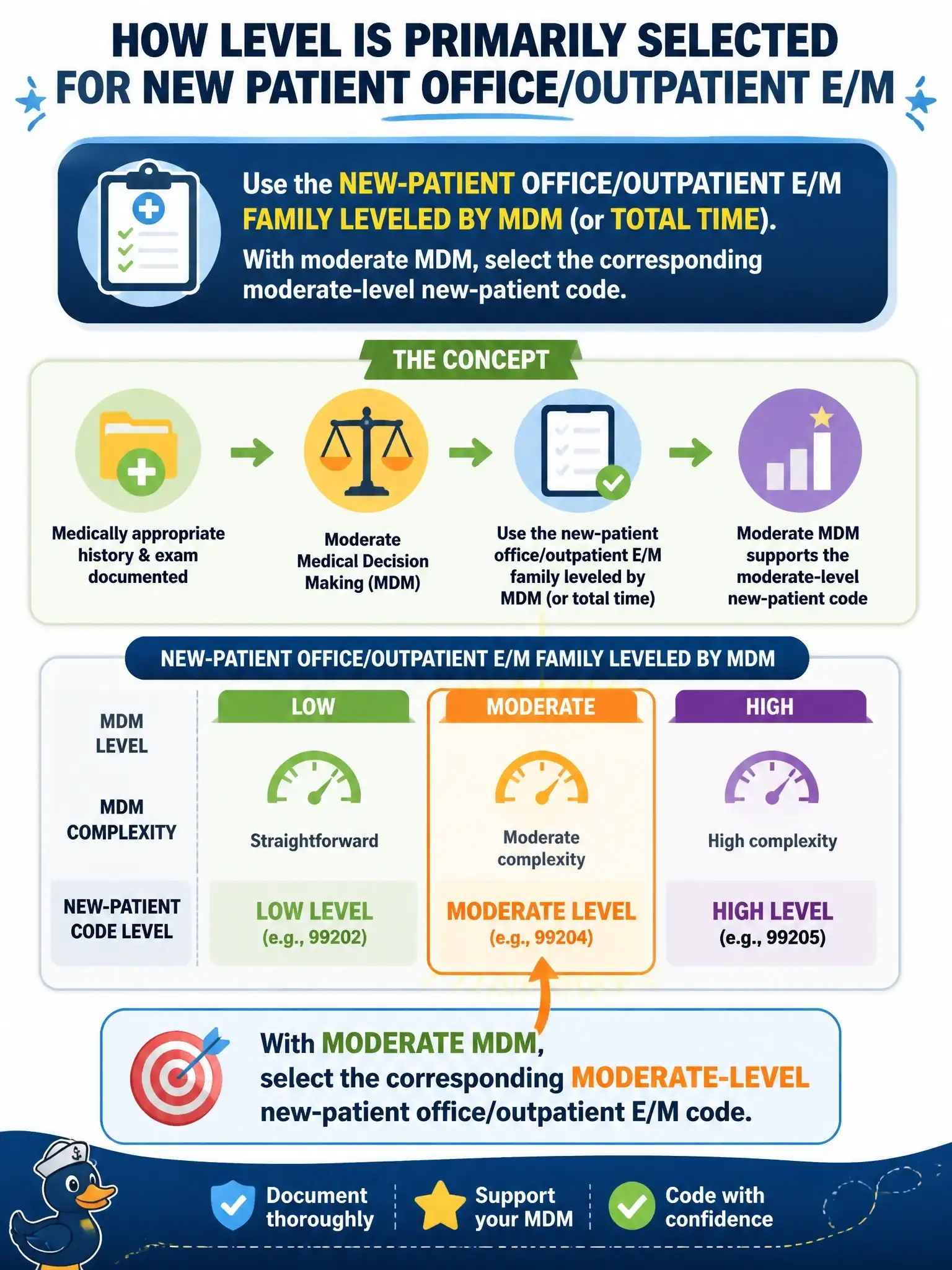 To Create an exciting colorful infographic that explains the concepts in the question: Question: A new patient at a county clinic has a medically appropriate history and exam with moderate medical decision making. Under current office/outpatient E/M guidelines, how is the level primarily selected? Correct Answer: By using the new-patient office/outpatient E/M family leveled by MDM (or total time), with moderate MDM supporting the corresponding moderate-level new-patient code. Put EVERY visible label in double quotes. No people. No A/B/C/D letters. In one of the four corners put a little "Navy Duck".