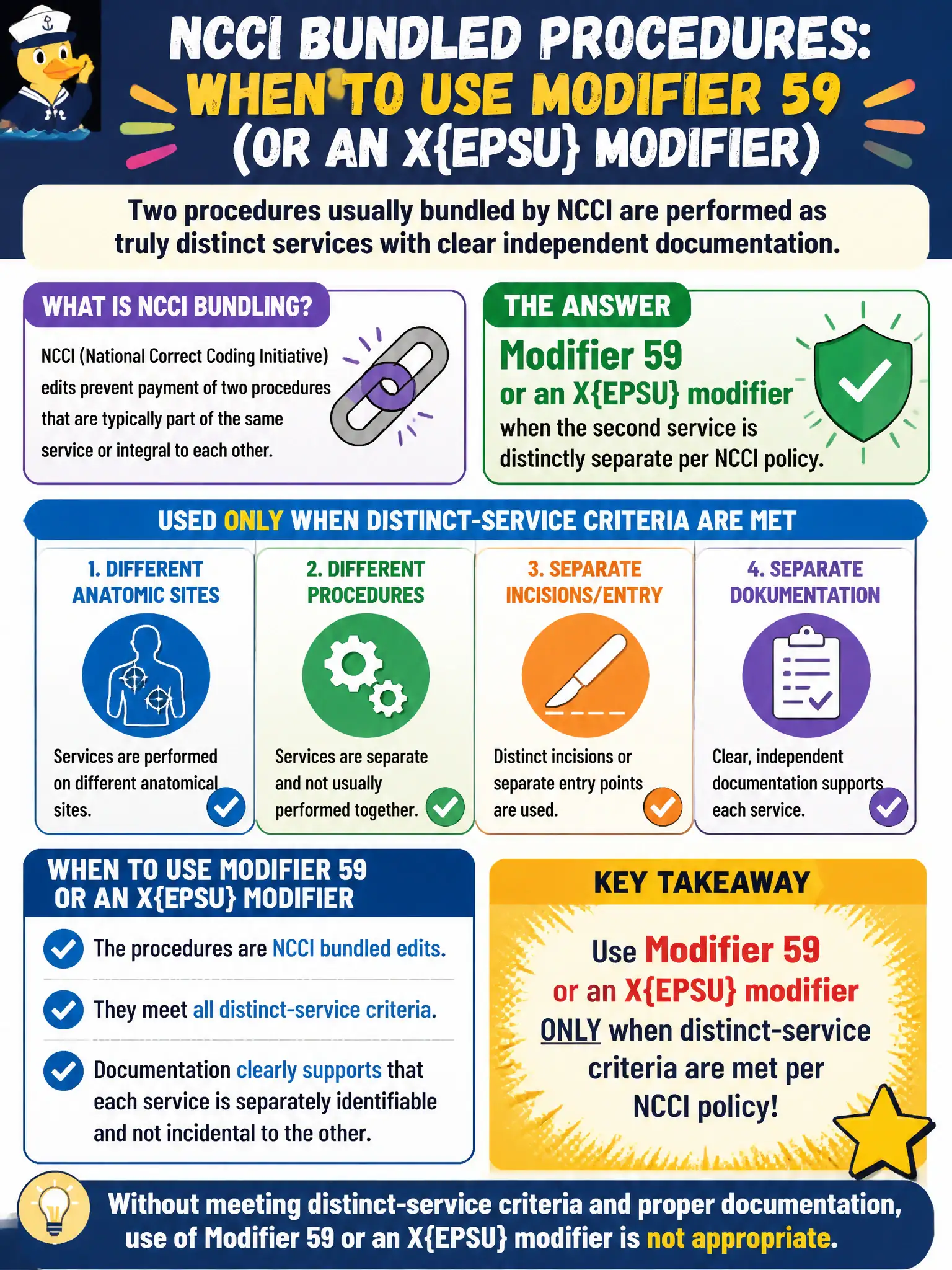 To Create an exciting colorful infographic that explains the concepts in the question: Question: Two procedures usually bundled by NCCI are performed as truly distinct services with clear independent documentation. Which modifier family is used only when distinct-service criteria are met? Correct Answer: Modifier 59 or an X{EPSU} modifier when the second service is distinctly separate per NCCI policy. Put EVERY visible label in double quotes. No people. No A/B/C/D letters. In one of the four corners put a little "Navy Duck".