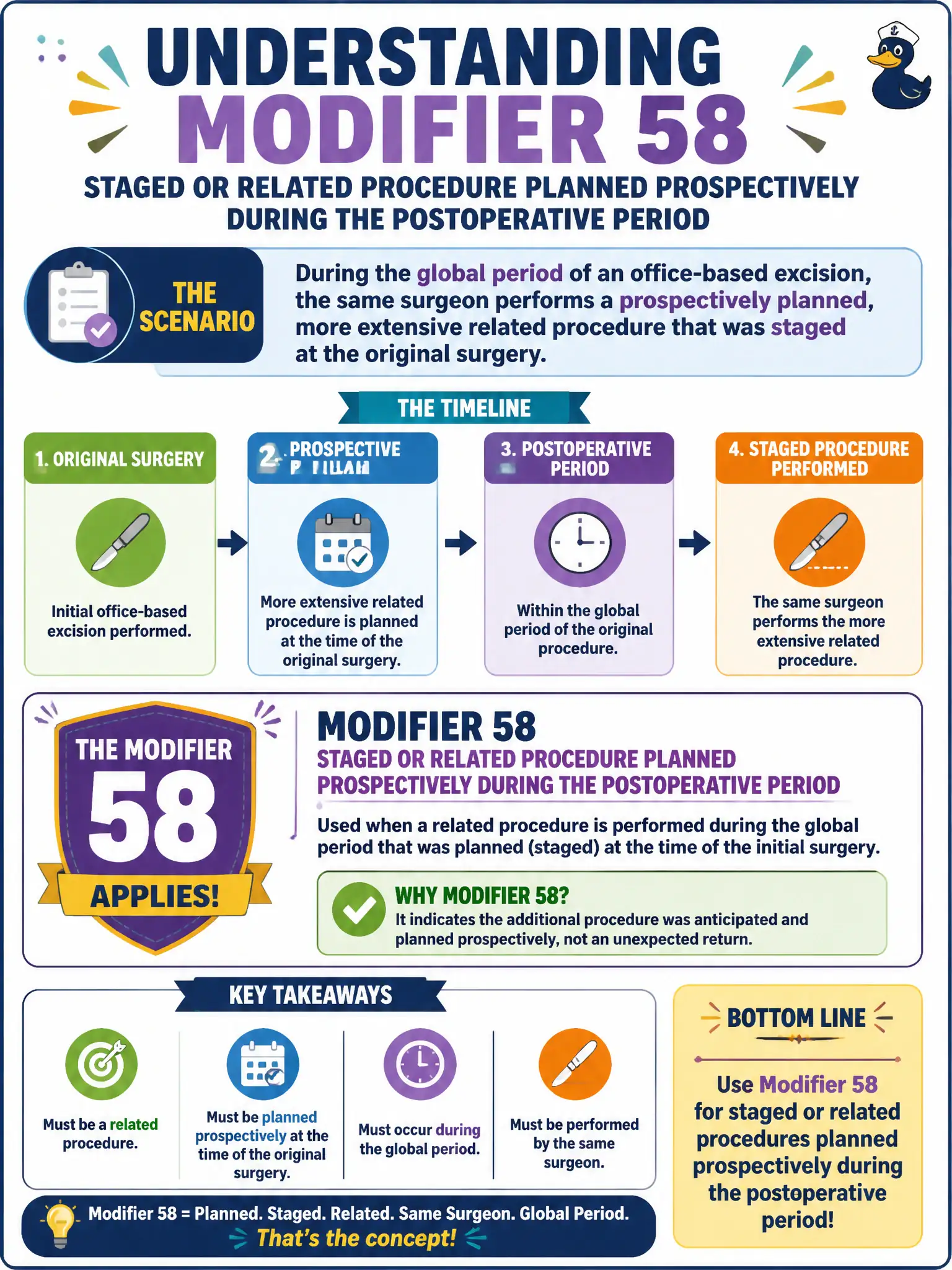 To Create an exciting colorful infographic that explains the concepts in the question: Question: During the global period of an office-based excision, the same surgeon performs a prospectively planned, more extensive related procedure that was staged at the original surgery. Which modifier concept applies? Correct Answer: Modifier 58 for a staged or related procedure planned prospectively during the postoperative period Put EVERY visible label in double quotes. No people. No A/B/C/D letters. In one of the four corners put a little "Navy Duck".