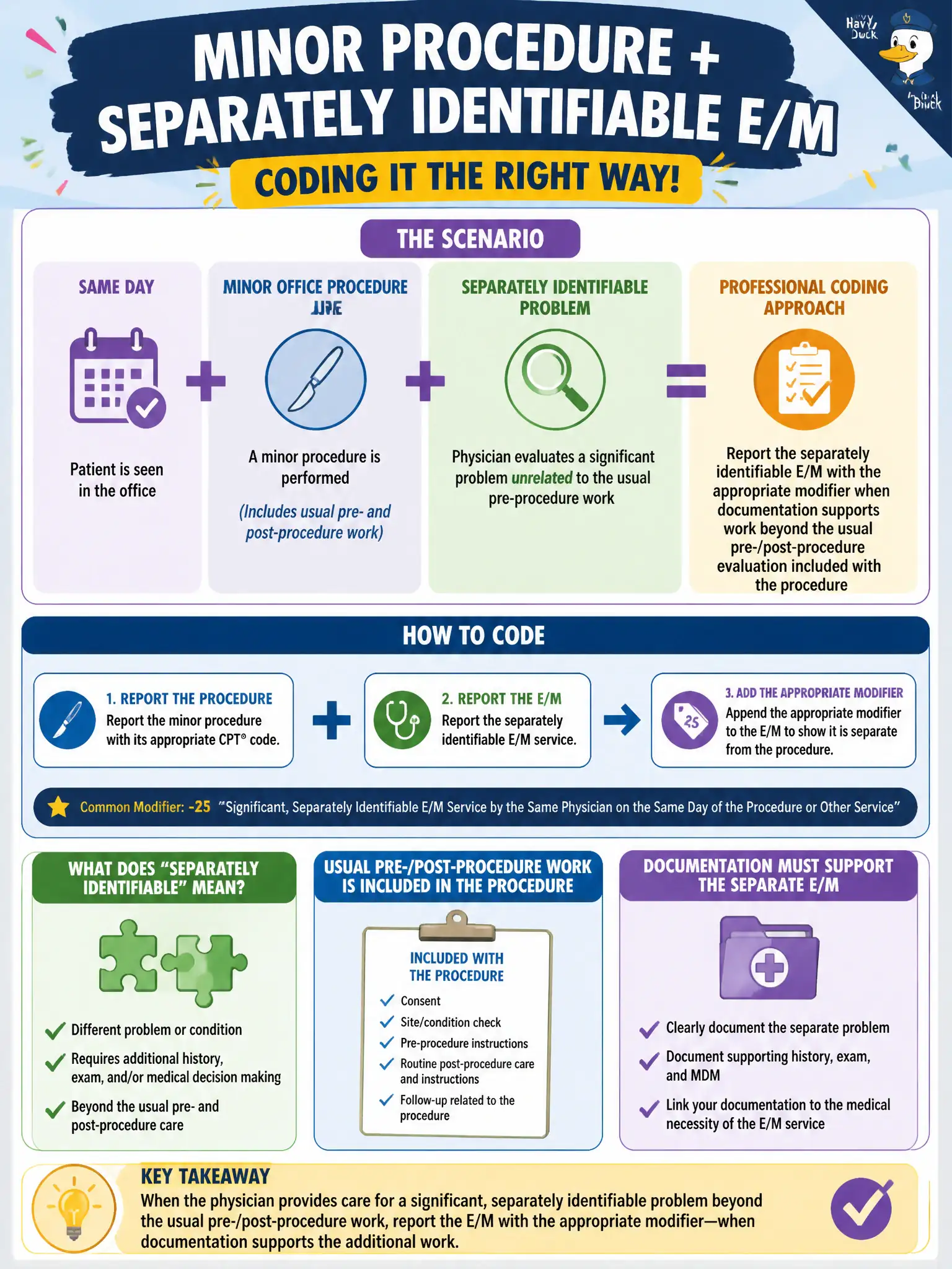 To Create an exciting colorful infographic that explains the concepts in the question: Question: On the same day as a minor office procedure, the physician also evaluates a significant, separately identifiable problem unrelated to the usual pre-procedure work. How should professional coding treat the E/M? Correct Answer: Report the separately identifiable E/M with the appropriate modifier when documentation supports work beyond the usual pre-/post-procedure evaluation included with the procedure Put EVERY visible label in double quotes. No people. No A/B/C/D letters. In one of the four corners put a little "Navy Duck".
