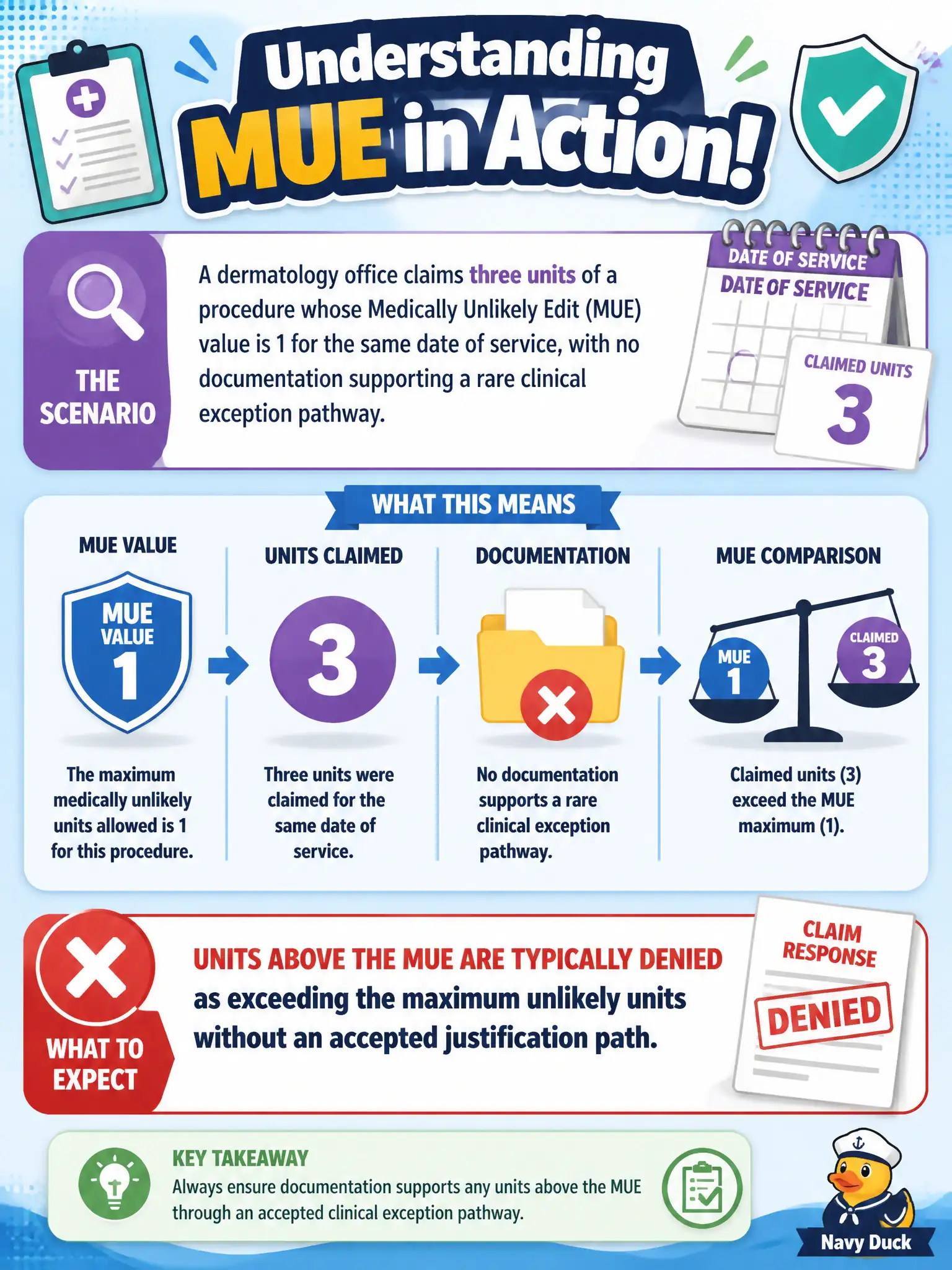 To Create an exciting colorful infographic that explains the concepts in the question: Question: A dermatology office claims three units of a procedure whose Medically Unlikely Edit (MUE) value is 1 for the same date of service, with no documentation supporting a rare clinical exception pathway. What should the CCS-P coder expect? Correct Answer: Units above the MUE are typically denied as exceeding the maximum unlikely units without an accepted justification path. Put EVERY visible label in double quotes. No people. No A/B/C/D letters. In one of the four corners put a little "Navy Duck".