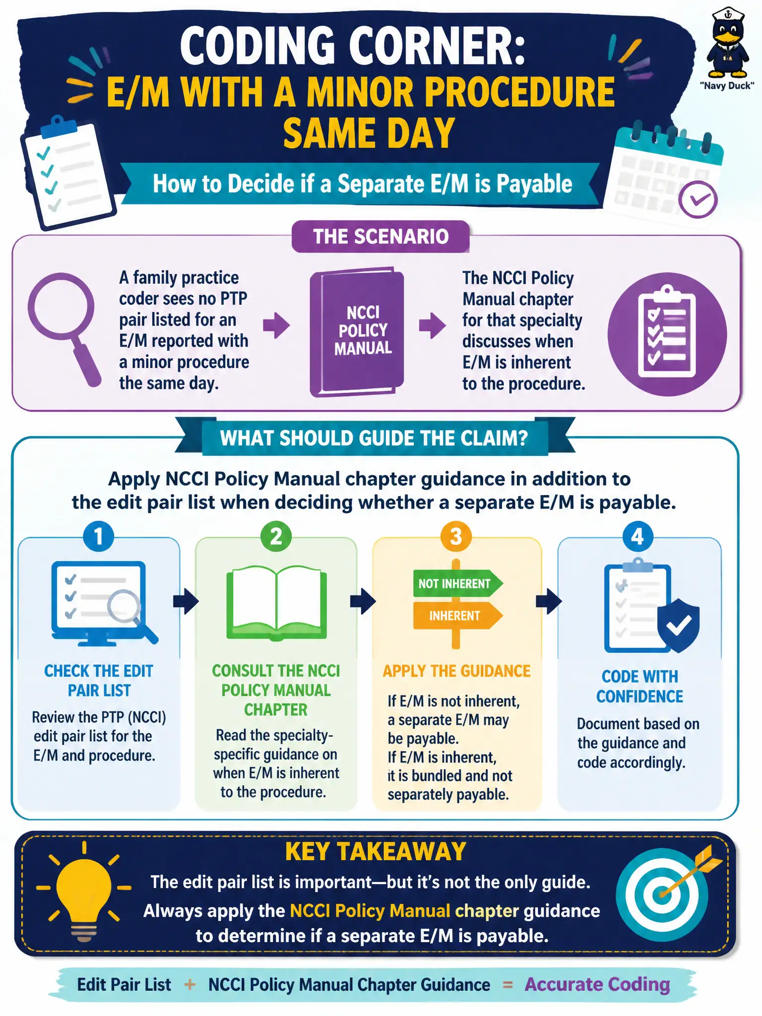 To Create an exciting colorful infographic that explains the concepts in the question: Question: A family practice coder sees no PTP pair listed for an E/M reported with a minor procedure the same day, but the NCCI Policy Manual chapter for that specialty discusses when E/M is inherent to the procedure. What should guide the claim? Correct Answer: Apply NCCI Policy Manual chapter guidance in addition to the edit pair list when deciding whether a separate E/M is payable. Put EVERY visible label in double quotes. No people. No A/B/C/D letters. In one of the four corners put a little "Navy Duck".