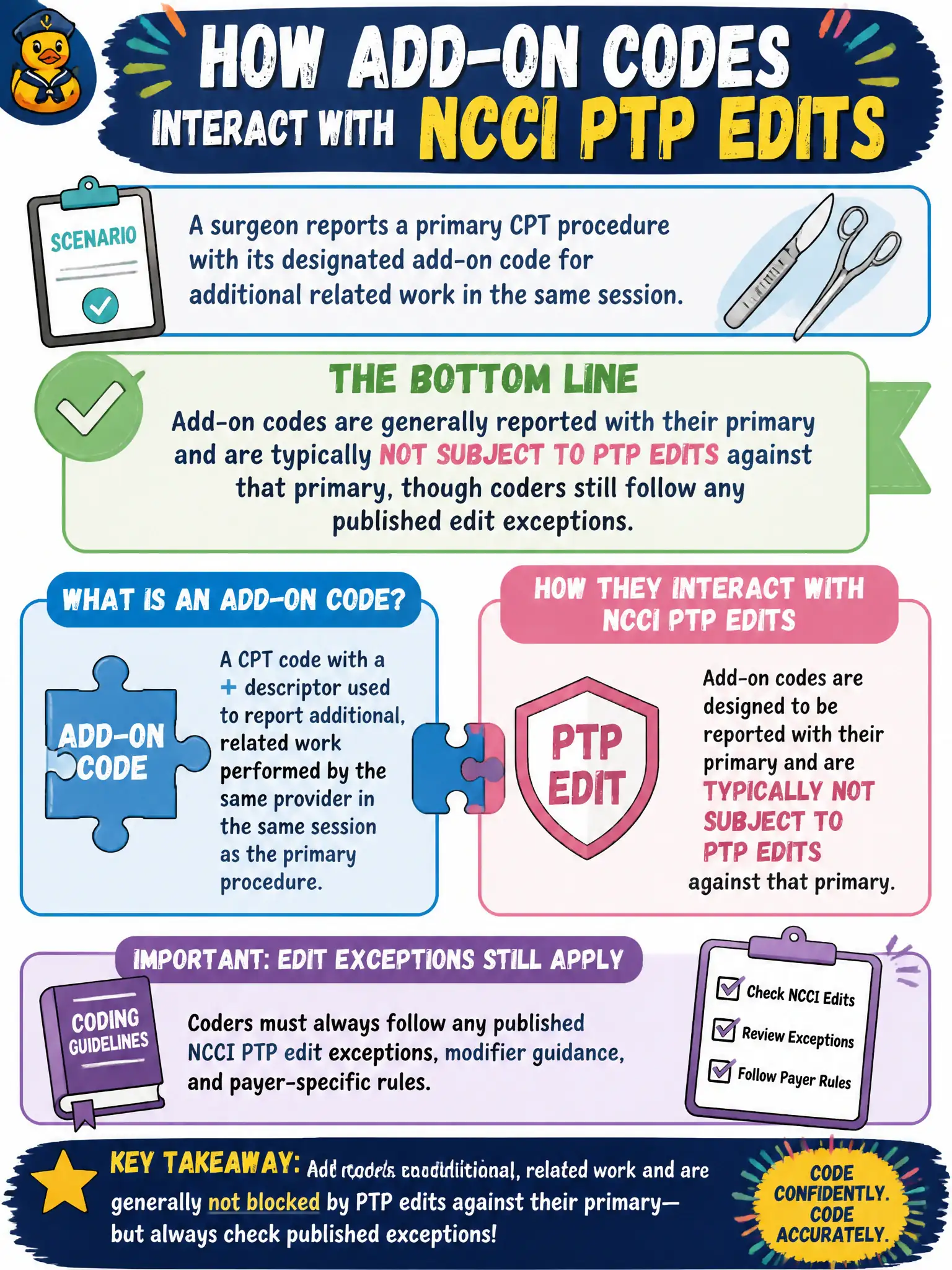 To Create an exciting colorful infographic that explains the concepts in the question: Question: A surgeon reports a primary CPT procedure with its designated add-on code for additional related work in the same session. How do add-on codes generally interact with NCCI PTP edits? Correct Answer: Add-on codes are generally reported with their primary and are typically not subject to PTP edits against that primary, though coders still follow any published edit exceptions. Put EVERY visible label in double quotes. No people. No A/B/C/D letters. In one of the four corners put a little "Navy Duck".