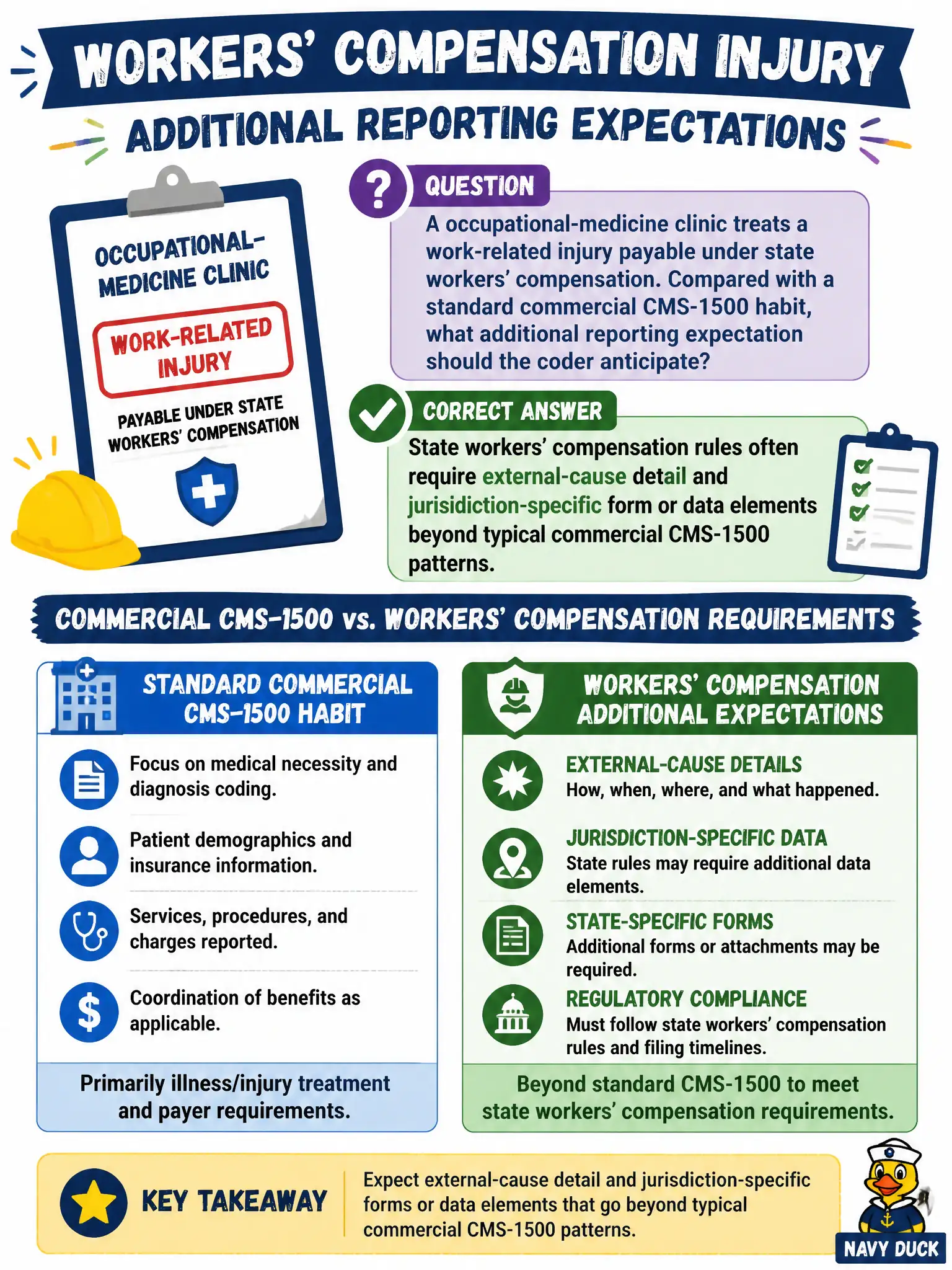 To Create an exciting colorful infographic that explains the concepts in the question: Question: A occupational-medicine clinic treats a work-related injury payable under state workers’ compensation. Compared with a standard commercial CMS-1500 habit, what additional reporting expectation should the coder anticipate? Correct Answer: State workers’ compensation rules often require external-cause detail and jurisdiction-specific form or data elements beyond typical commercial CMS-1500 patterns. Put EVERY visible label in double quotes. No people. No A/B/C/D letters. In one of the four corners put a little "Navy Duck".