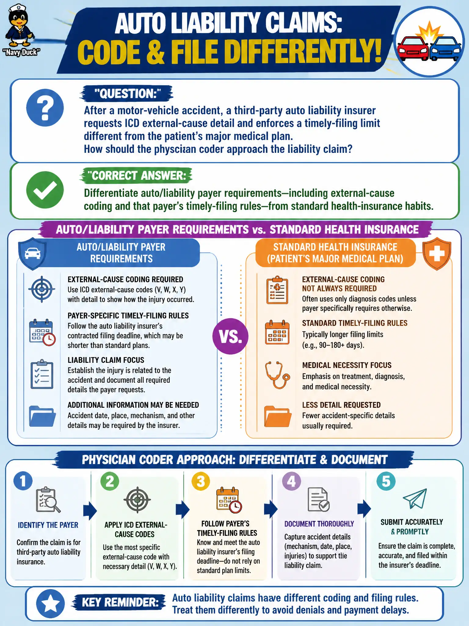 To Create an exciting colorful infographic that explains the concepts in the question: Question: After a motor-vehicle accident, a third-party auto liability insurer requests ICD external-cause detail and enforces a timely-filing limit different from the patient’s major medical plan. How should the physician coder approach the liability claim? Correct Answer: Differentiate auto/liability payer requirements—including external-cause coding and that payer’s timely-filing rules—from standard health-insurance habits. Put EVERY visible label in double quotes. No people. No A/B/C/D letters. In one of the four corners put a little "Navy Duck".