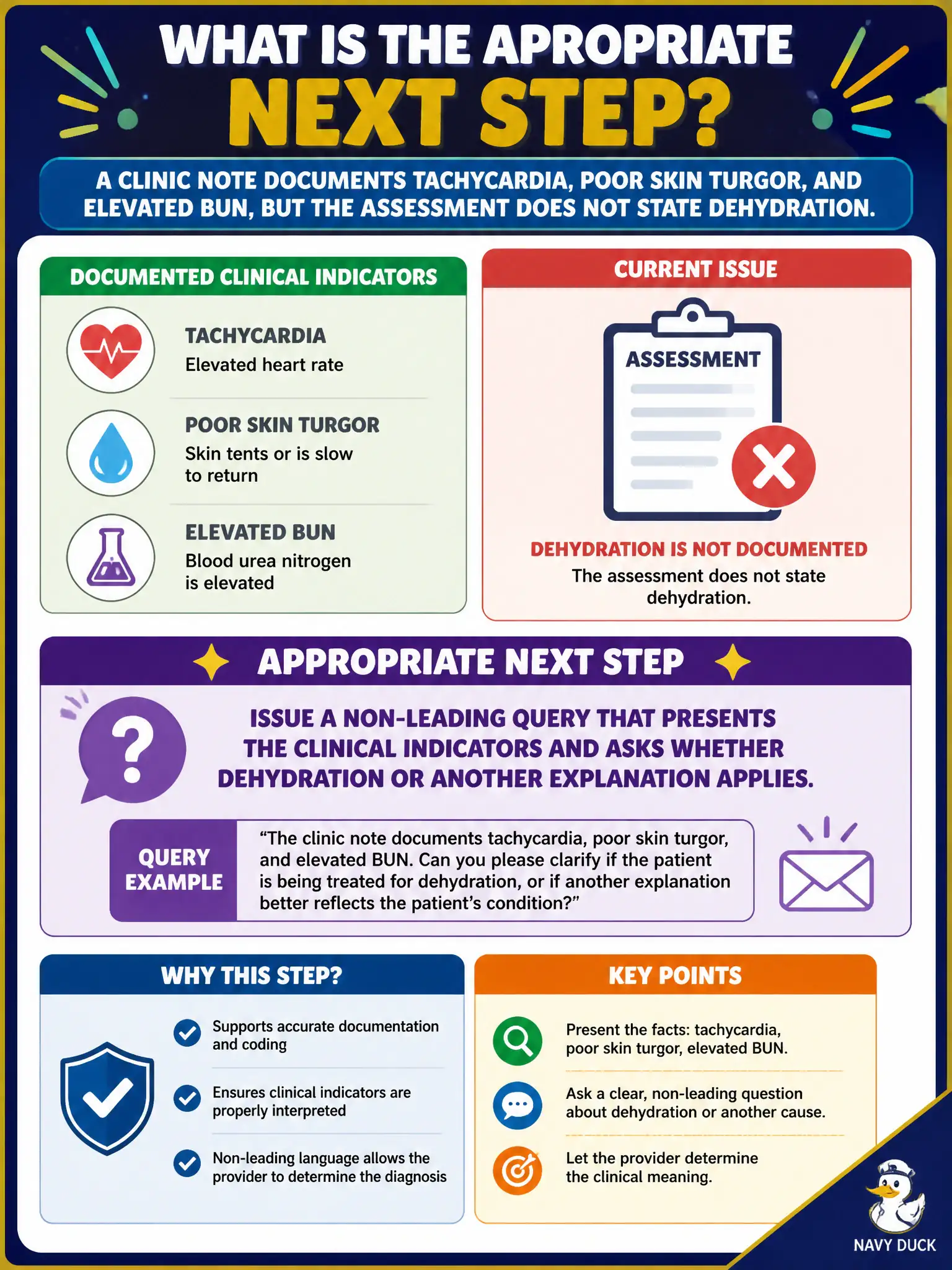 To Create an exciting colorful infographic that explains the concepts in the question: Question: A clinic note documents tachycardia, poor skin turgor, and elevated BUN, but the assessment does not state dehydration. What is an appropriate next step? Correct Answer: Issue a non-leading query that presents the clinical indicators and asks whether dehydration or another explanation applies. Put EVERY visible label in double quotes. No people. No A/B/C/D letters. In one of the four corners put a little "Navy Duck".
