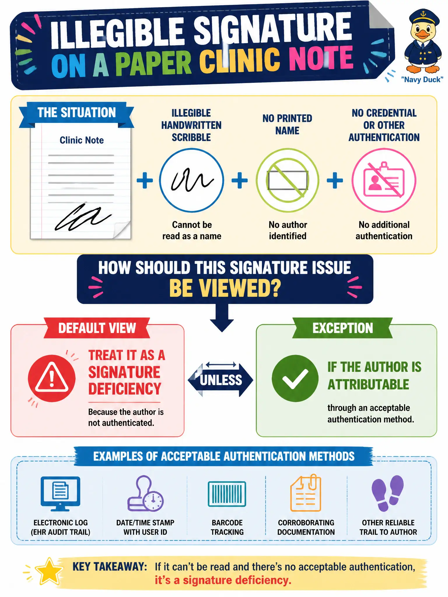 To Create an exciting colorful infographic that explains the concepts in the question: Question: A paper clinic note ends with an illegible handwritten scribble and no printed name, credential, or other authentication method identifying the author. How should this signature issue be viewed? Correct Answer: Treat it as a signature deficiency unless the author is attributable through an acceptable authentication method. Put EVERY visible label in double quotes. No people. No A/B/C/D letters. In one of the four corners put a little "Navy Duck".
