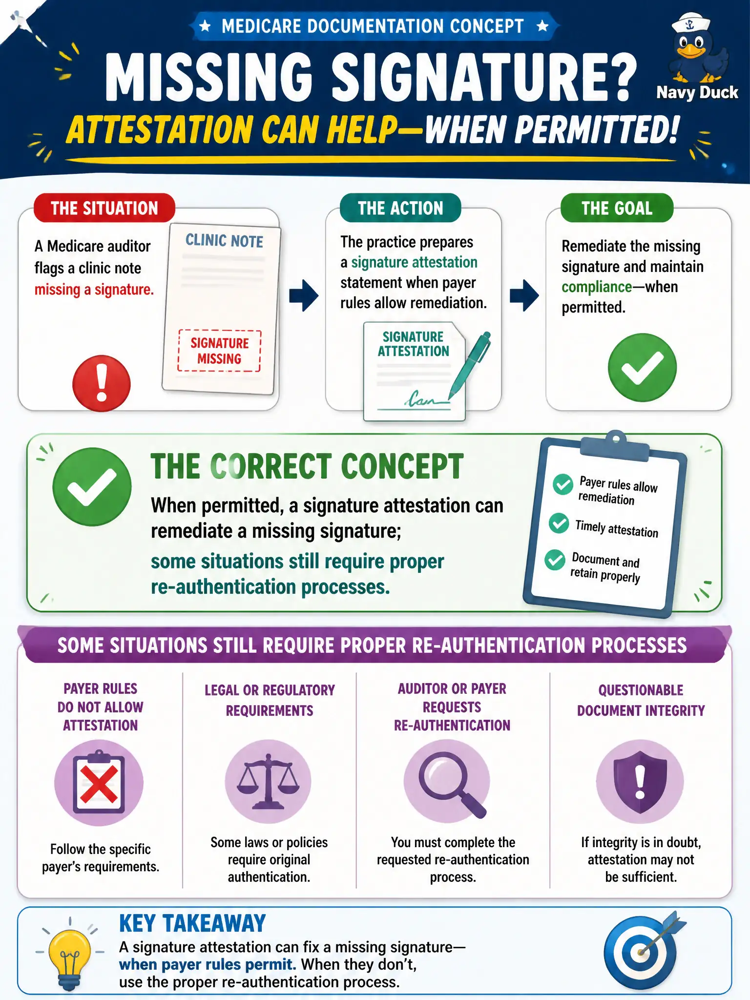 To Create an exciting colorful infographic that explains the concepts in the question: Question: A Medicare auditor flags a clinic note missing a signature. The practice prepares a signature attestation statement when payer rules allow remediation. Which concept is correct? Correct Answer: When permitted, a signature attestation can remediate a missing signature; some situations still require proper re-authentication processes. Put EVERY visible label in double quotes. No people. No A/B/C/D letters. In one of the four corners put a little "Navy Duck".