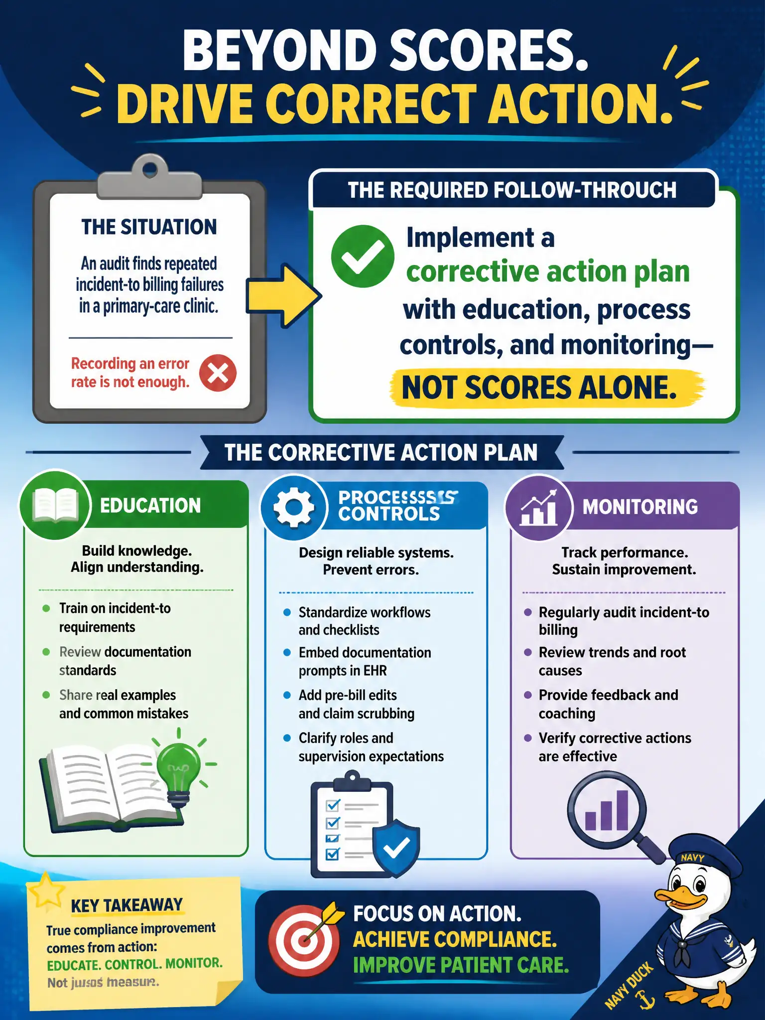 To Create an exciting colorful infographic that explains the concepts in the question: Question: An audit finds repeated incident-to billing failures in a primary-care clinic. Beyond recording an error rate, what follow-through is required? Correct Answer: Implement a corrective action plan with education, process controls, and monitoring—not scores alone. Put EVERY visible label in double quotes. No people. No A/B/C/D letters. In one of the four corners put a little "Navy Duck".