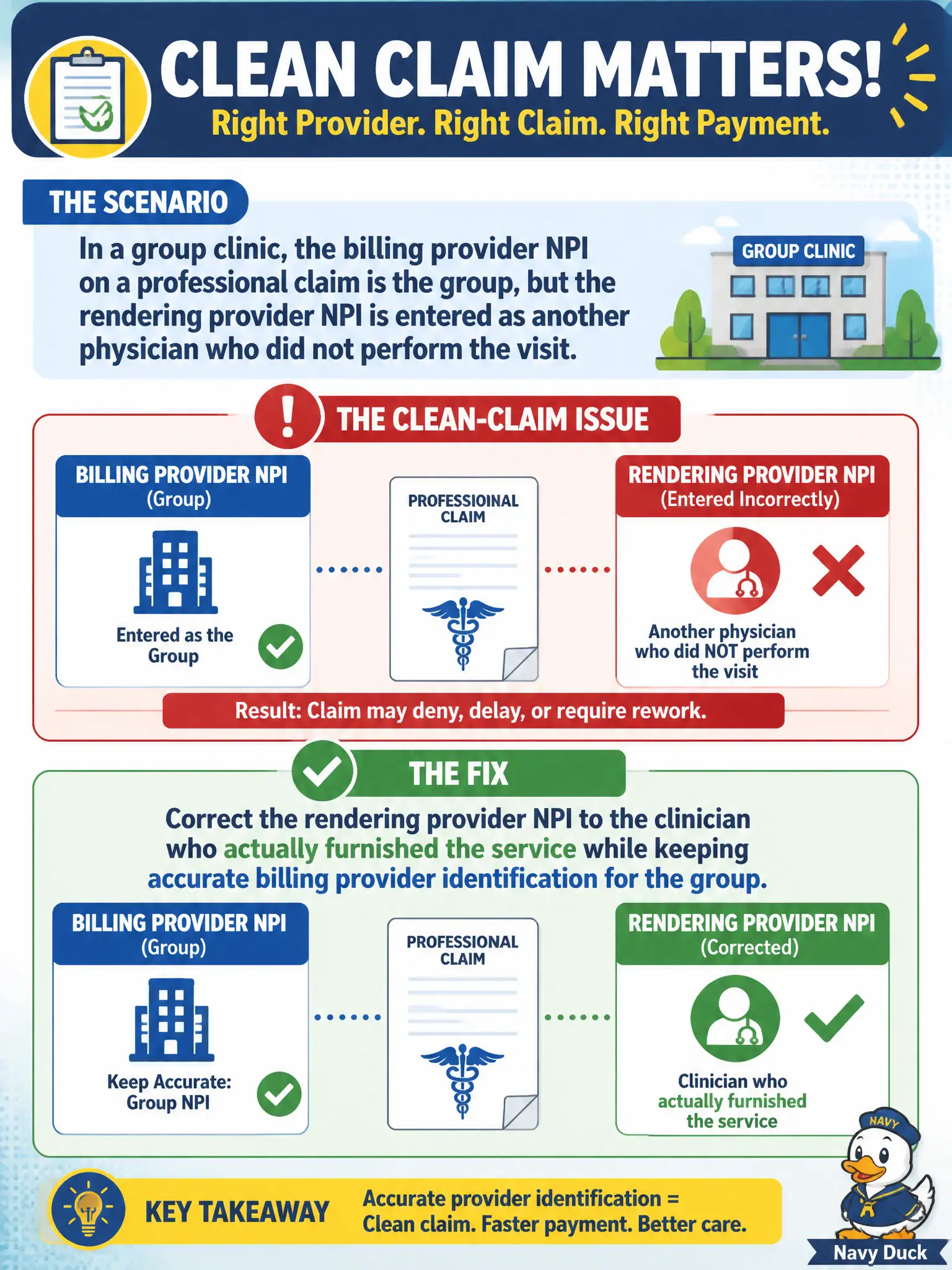 To Create an exciting colorful infographic that explains the concepts in the question: Question: In a group clinic, the billing provider NPI on a professional claim is the group, but the rendering provider NPI is entered as another physician who did not perform the visit. What clean-claim issue must be fixed? Correct Answer: Correct the rendering provider NPI to the clinician who actually furnished the service while keeping accurate billing provider identification for the group. Put EVERY visible label in double quotes. No people. No A/B/C/D letters. In one of the four corners put a little "Navy Duck".