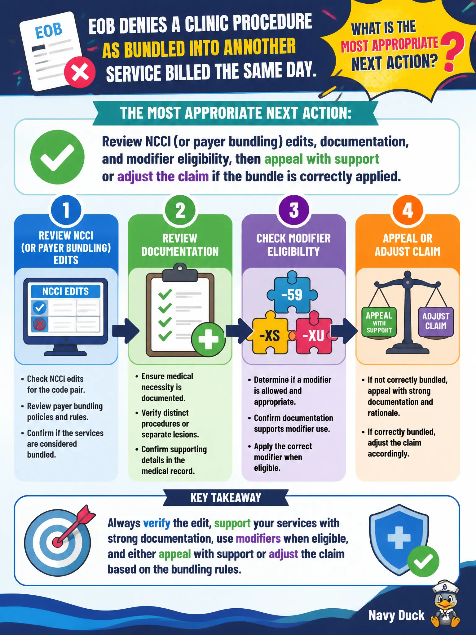 To Create an exciting colorful infographic that explains the concepts in the question: Question: An EOB denies a clinic procedure as bundled into another service billed the same day. What is the most appropriate next action? Correct Answer: Review NCCI (or payer bundling) edits, documentation, and modifier eligibility, then appeal with support or adjust the claim if the bundle is correctly applied. Put EVERY visible label in double quotes. No people. No A/B/C/D letters. In one of the four corners put a little "Navy Duck".