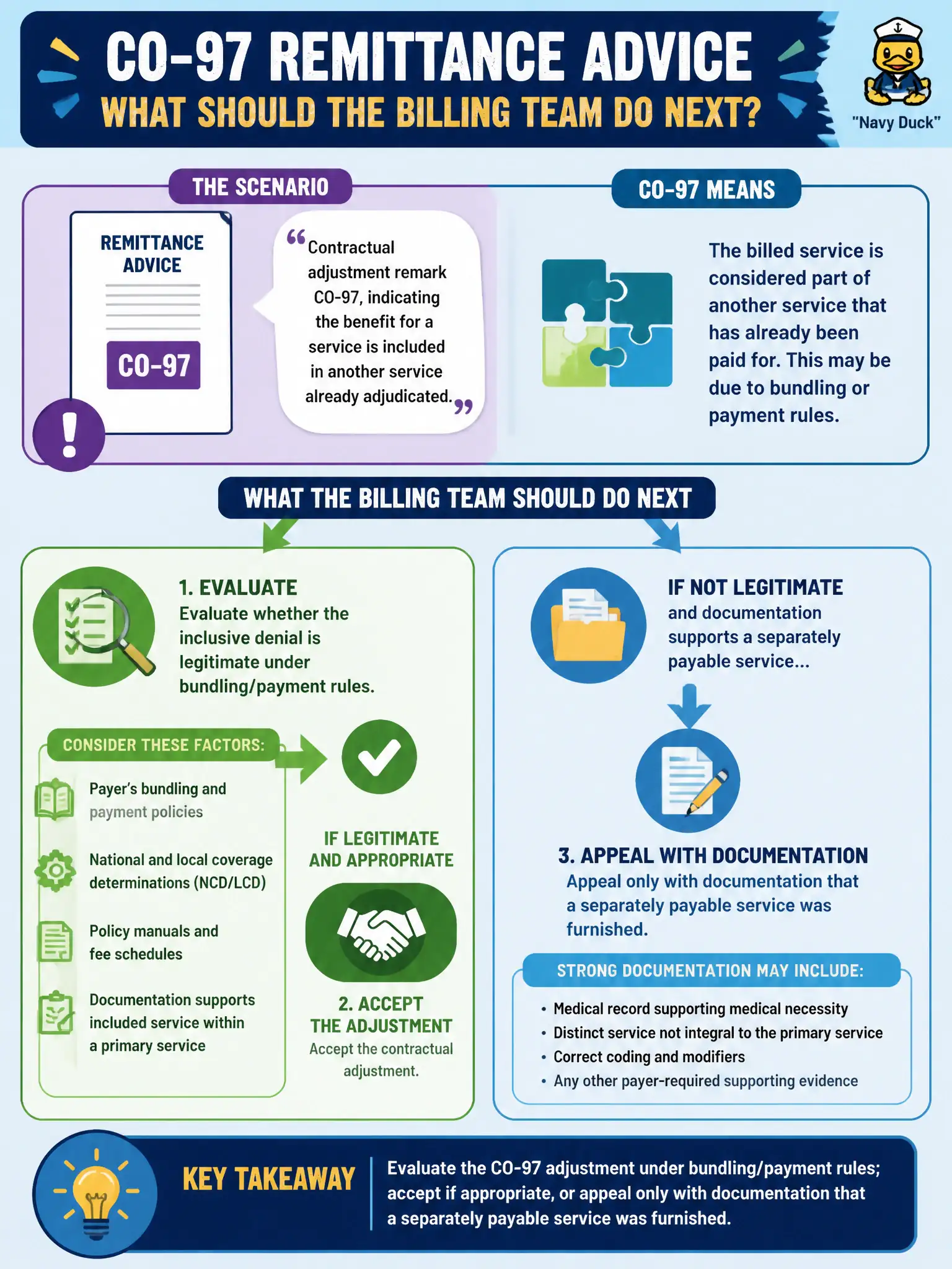 To Create an exciting colorful infographic that explains the concepts in the question: Question: A remittance advice posts contractual adjustment remark CO-97, indicating the benefit for a service is included in another service already adjudicated. What should the billing team do next? Correct Answer: Evaluate whether the inclusive denial is legitimate under bundling/payment rules; if appropriate, accept the adjustment or appeal only with documentation that a separately payable service was furnished. Put EVERY visible label in double quotes. No people. No A/B/C/D letters. In one of the four corners put a little "Navy Duck".