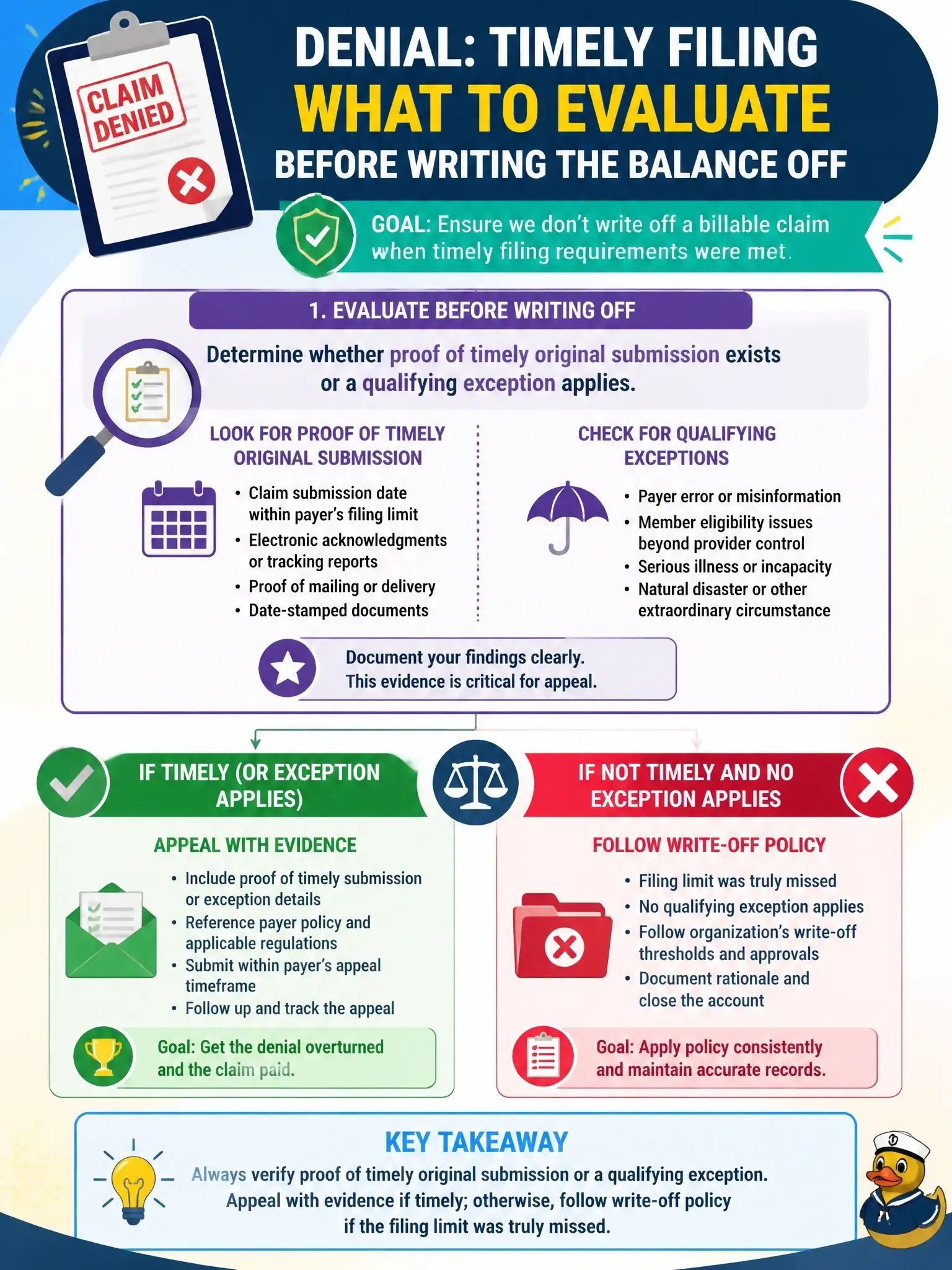 To Create an exciting colorful infographic that explains the concepts in the question: Question: A payer denies a professional claim for timely filing. What should the revenue-cycle team evaluate before writing the balance off? Correct Answer: Whether proof of timely original submission exists (or a qualifying exception applies); appeal with evidence if timely, otherwise follow write-off policy if the filing limit was truly missed. Put EVERY visible label in double quotes. No people. No A/B/C/D letters. In one of the four corners put a little "Navy Duck".