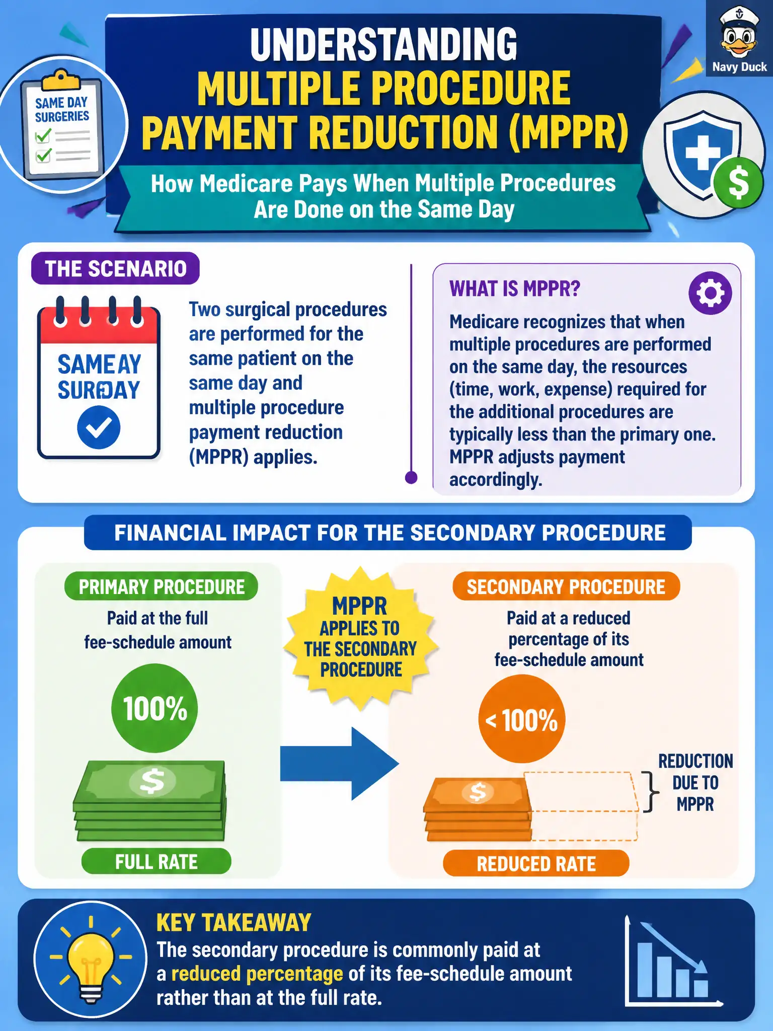 To Create an exciting colorful infographic that explains the concepts in the question: Question: Two surgical procedures are performed for the same patient on the same day and multiple procedure payment reduction (MPPR) applies. What financial impact is expected for the secondary procedure under typical Medicare physician MPPR rules? Correct Answer: The secondary procedure is commonly paid at a reduced percentage of its fee-schedule amount rather than at the full rate. Put EVERY visible label in double quotes. No people. No A/B/C/D letters. In one of the four corners put a little "Navy Duck".
