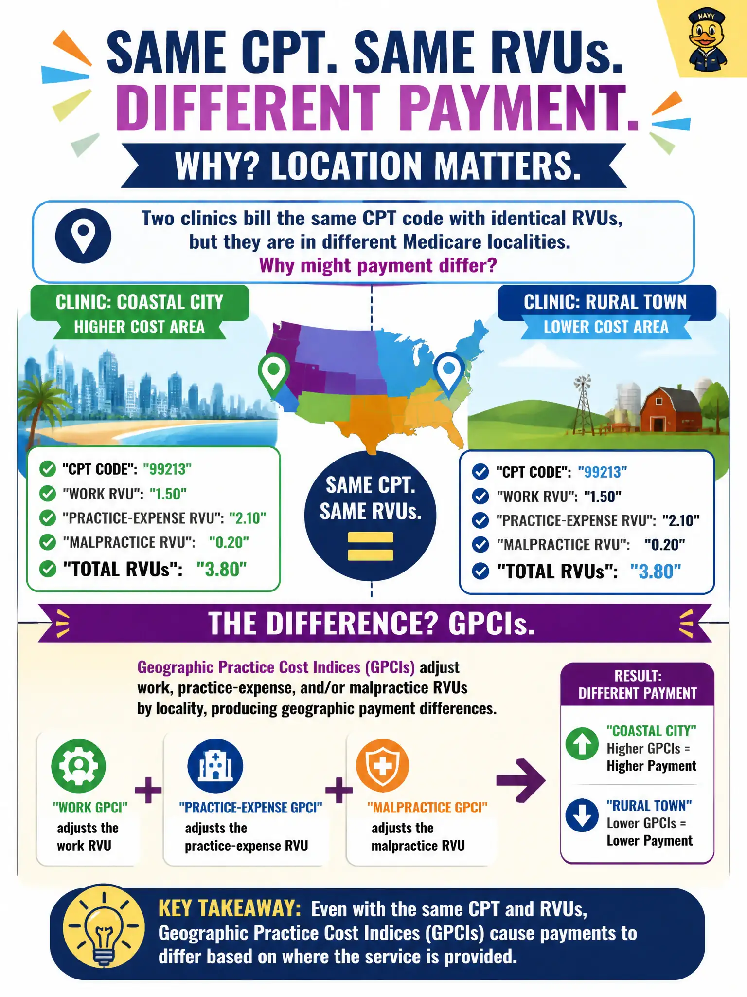 To Create an exciting colorful infographic that explains the concepts in the question: Question: Two clinics bill the same CPT with identical RVUs, but they are in different Medicare localities. Why might payment differ? Correct Answer: Geographic Practice Cost Indices (GPCIs) adjust work, practice-expense, and/or malpractice RVUs by locality, producing geographic payment differences. Put EVERY visible label in double quotes. No people. No A/B/C/D letters. In one of the four corners put a little "Navy Duck".