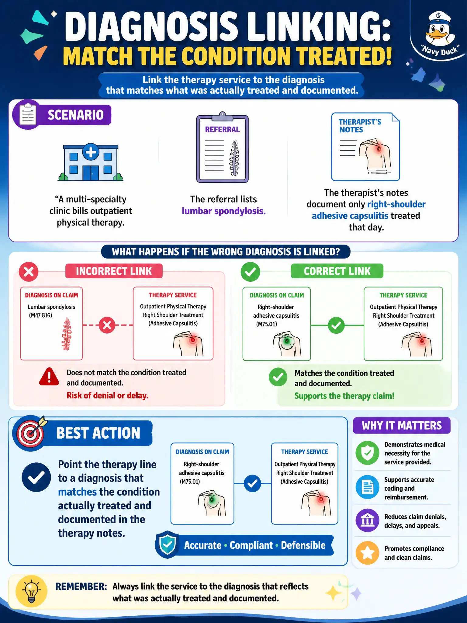 To Create an exciting colorful infographic that explains the concepts in the question: Question: A multi-specialty clinic bills outpatient physical therapy. The referral lists lumbar spondylosis, but the therapist’s notes document only right-shoulder adhesive capsulitis treated that day. Which diagnosis-linking action best supports the therapy claim? Correct Answer: Point the therapy line to a diagnosis that matches the condition actually treated and documented in the therapy notes Put EVERY visible label in double quotes. No people. No A/B/C/D letters. In one of the four corners put a little "Navy Duck".