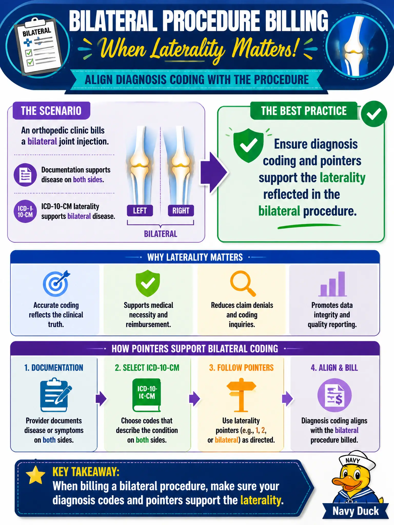 To Create an exciting colorful infographic that explains the concepts in the question: Question: An orthopedic clinic bills a bilateral joint injection. Documentation and ICD-10-CM laterality support disease on both sides. Which diagnosis-association practice best aligns with bilateral procedure billing when laterality matters? Correct Answer: Ensure diagnosis coding and pointers support the laterality reflected in the bilateral procedure Put EVERY visible label in double quotes. No people. No A/B/C/D letters. In one of the four corners put a little "Navy Duck".