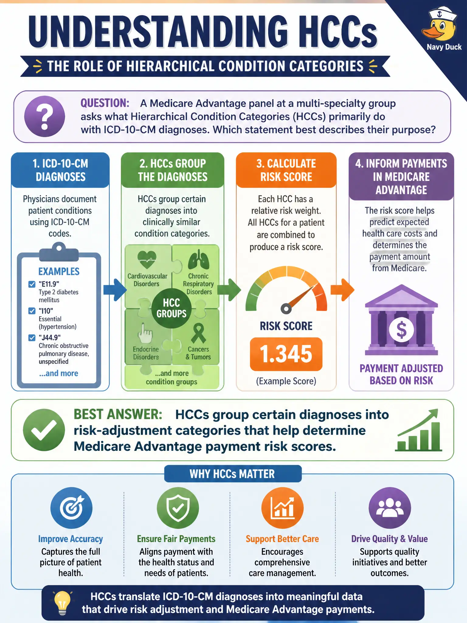 To Create an exciting colorful infographic that explains the concepts in the question: Question: A Medicare Advantage panel at a multi-specialty group asks what Hierarchical Condition Categories (HCCs) primarily do with ICD-10-CM diagnoses. Which statement best describes their purpose? Correct Answer: HCCs group certain diagnoses into risk-adjustment categories that help determine Medicare Advantage payment risk scores Put EVERY visible label in double quotes. No people. No A/B/C/D letters. In one of the four corners put a little "Navy Duck".