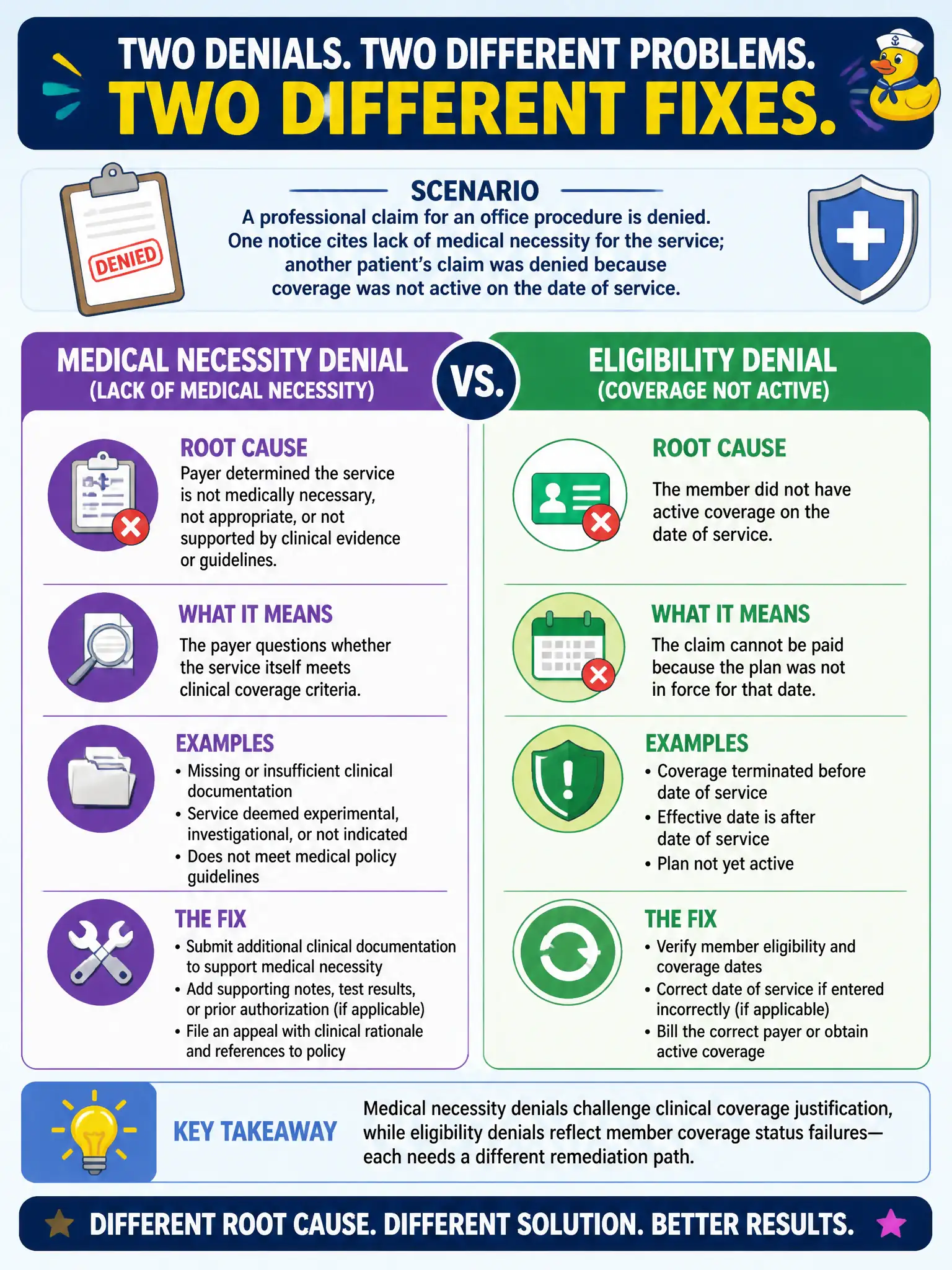 To Create an exciting colorful infographic that explains the concepts in the question: Question: A professional claim for an office procedure is denied. One notice cites lack of medical necessity for the service; another patient’s claim was denied because coverage was not active on the date of service. How do these denial types differ in root cause and fix? Correct Answer: Medical necessity denials challenge clinical coverage justification, while eligibility denials reflect member coverage status failures—each needs a different remediation path Put EVERY visible label in double quotes. No people. No A/B/C/D letters. In one of the four corners put a little "Navy Duck".