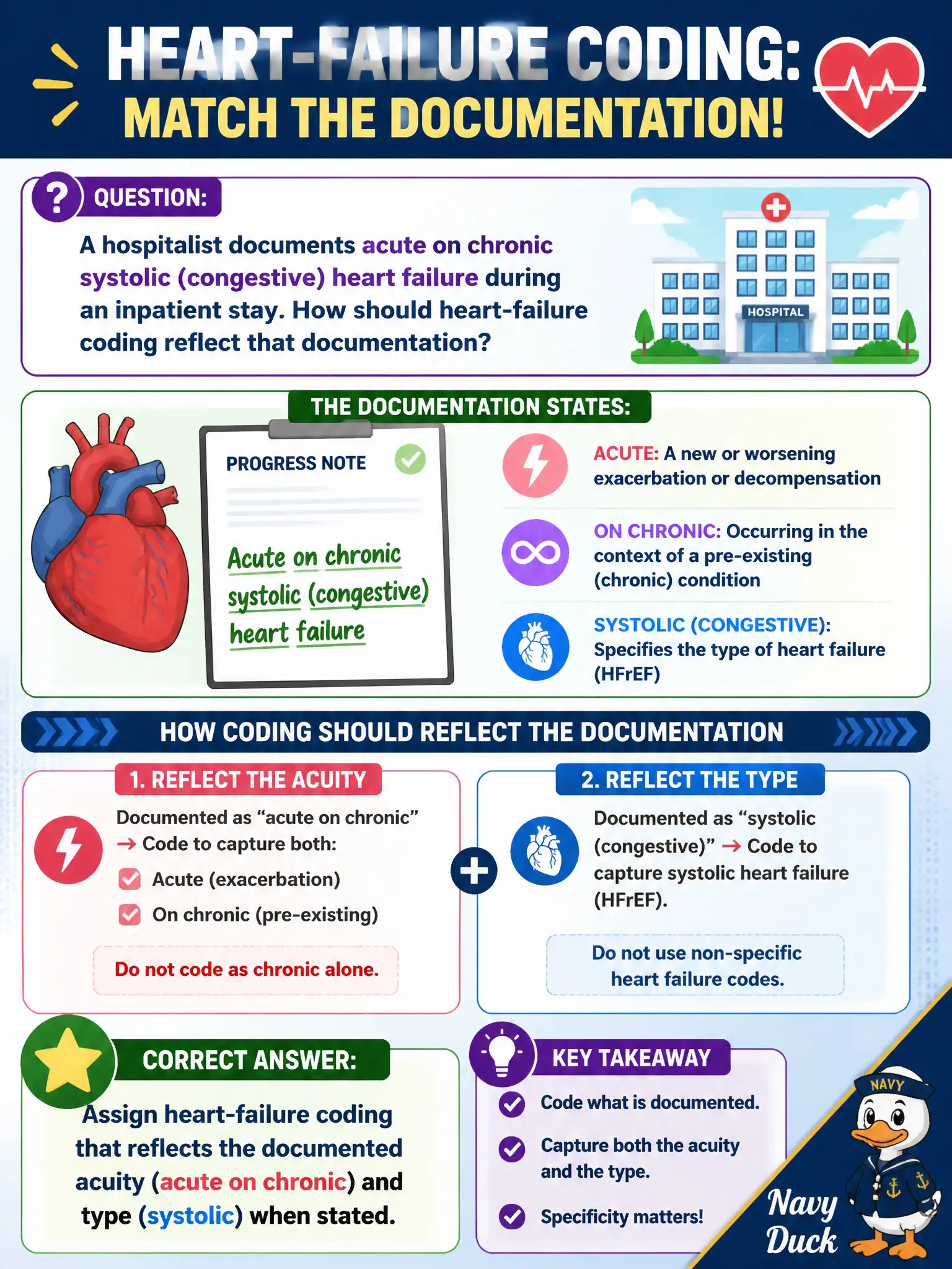 To Create an exciting colorful infographic that explains the concepts in the question: Question: A hospitalist documents acute on chronic systolic (congestive) heart failure during an inpatient stay. How should heart-failure coding reflect that documentation? Correct Answer: Assign heart-failure coding that reflects the documented acuity (acute on chronic) and type (systolic) when stated. Put EVERY visible label in double quotes. No people. No A/B/C/D letters. In one of the four corners put a little "Navy Duck".