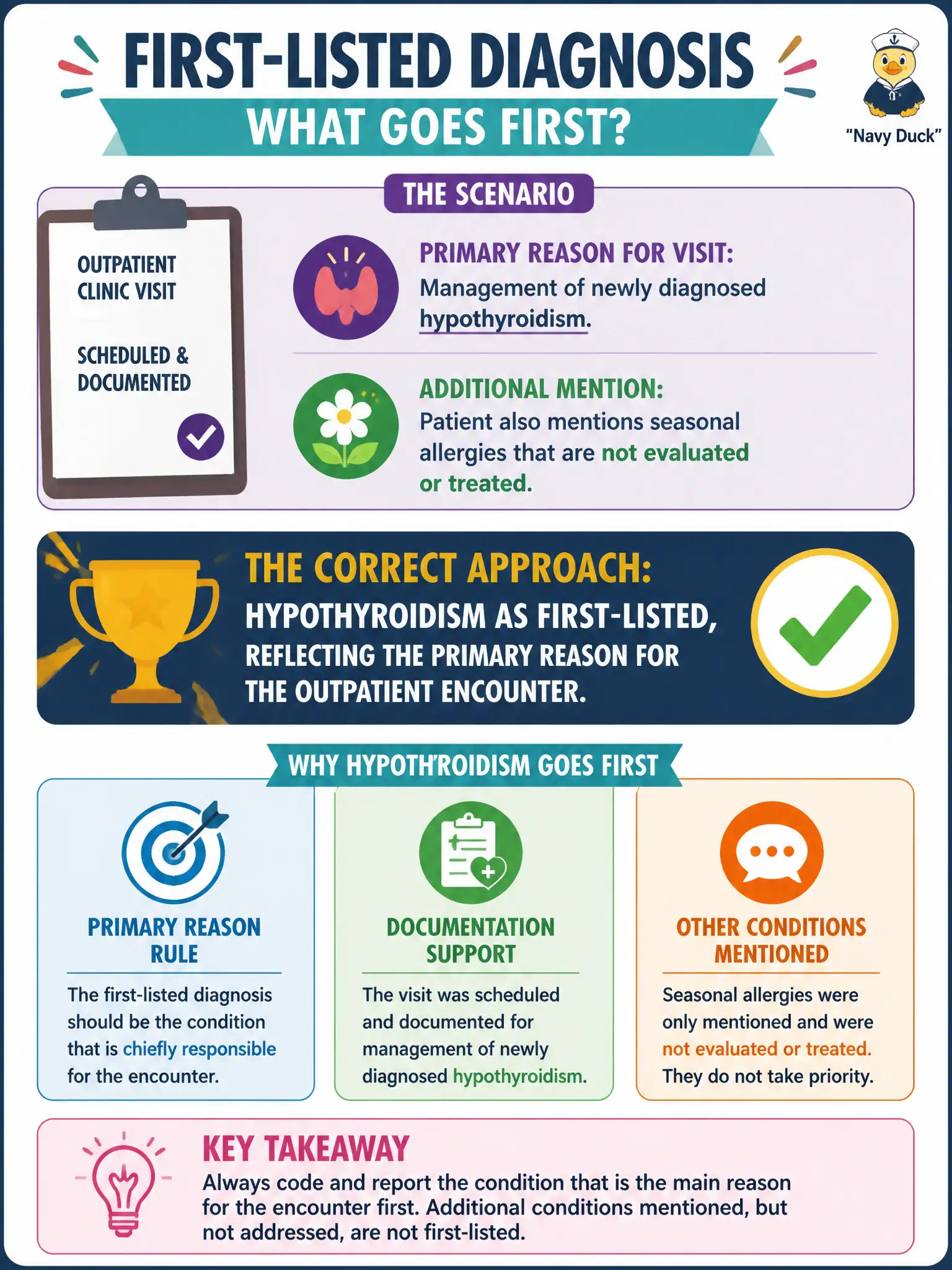 To Create an exciting colorful infographic that explains the concepts in the question: Question: An outpatient hospital clinic visit is scheduled and documented for management of newly diagnosed hypothyroidism. During the visit the patient also mentions seasonal allergies that are not evaluated or treated. What is the correct first-listed diagnosis approach? Correct Answer: Hypothyroidism as first-listed, reflecting the primary reason for the outpatient encounter. Put EVERY visible label in double quotes. No people. No A/B/C/D letters. In one of the four corners put a little "Navy Duck".