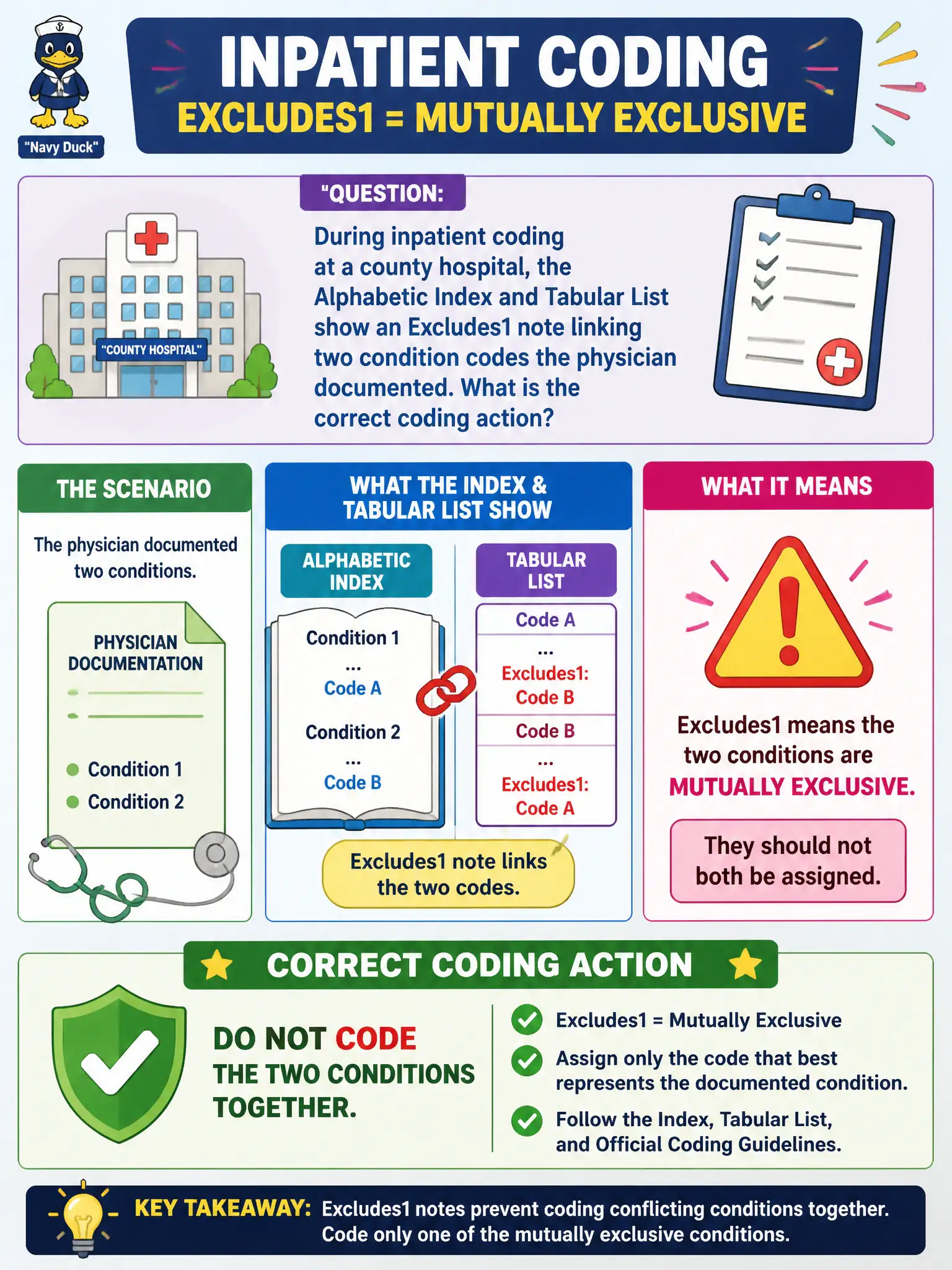 To Create an exciting colorful infographic that explains the concepts in the question: Question: During inpatient coding at a county hospital, the Alphabetic Index and Tabular List show an Excludes1 note linking two condition codes the physician documented. What is the correct coding action? Correct Answer: Do not code the two conditions together; Excludes1 means they are mutually exclusive and should not both be assigned. Put EVERY visible label in double quotes. No people. No A/B/C/D letters. In one of the four corners put a little "Navy Duck".