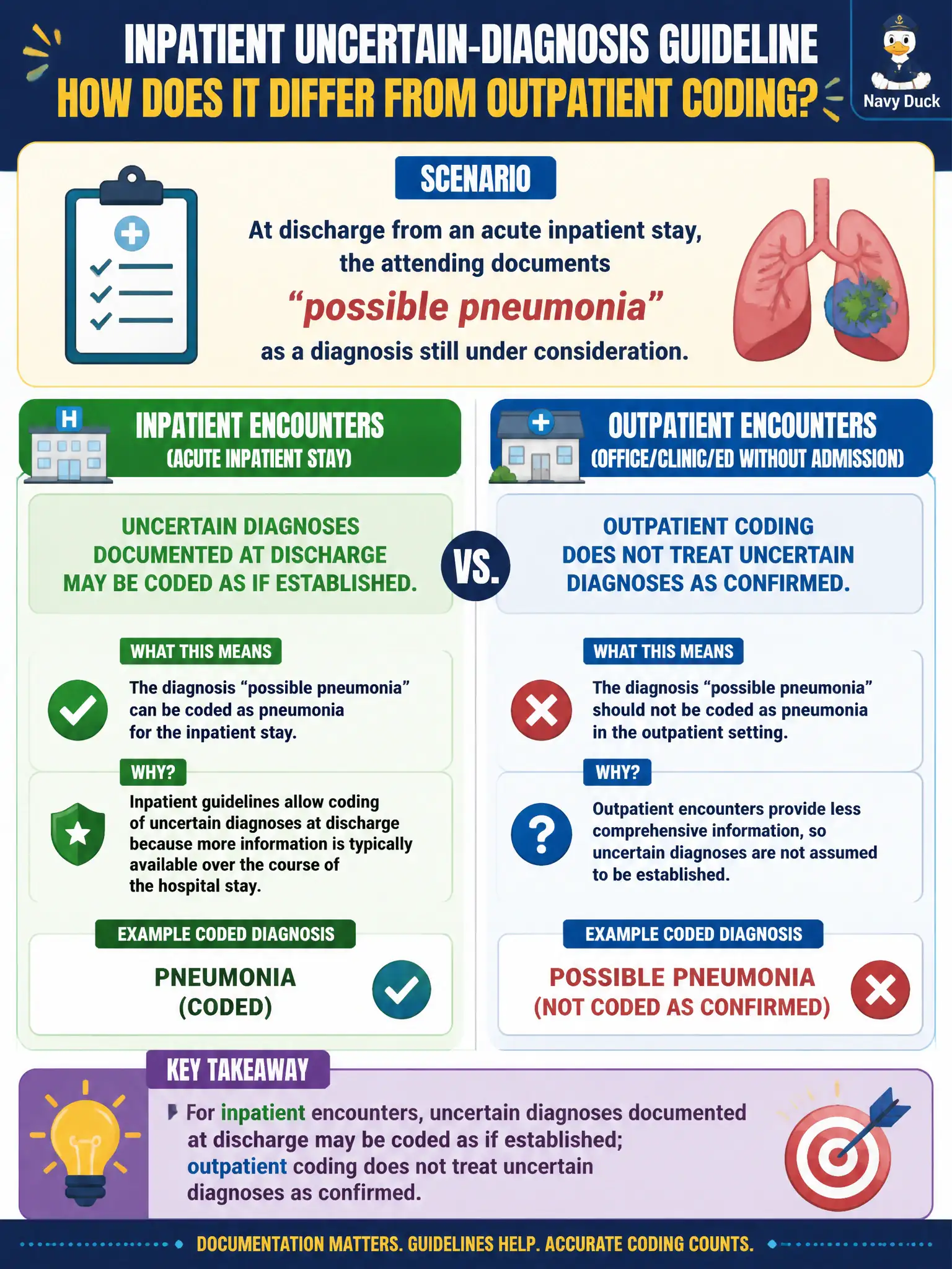 To Create an exciting colorful infographic that explains the concepts in the question: Question: At discharge from an acute inpatient stay, the attending documents “possible pneumonia” as a diagnosis still under consideration. How does the inpatient uncertain-diagnosis guideline differ from outpatient coding? Correct Answer: For inpatient encounters, uncertain diagnoses documented at discharge may be coded as if established; outpatient coding does not treat uncertain diagnoses as confirmed. Put EVERY visible label in double quotes. No people. No A/B/C/D letters. In one of the four corners put a little "Navy Duck".