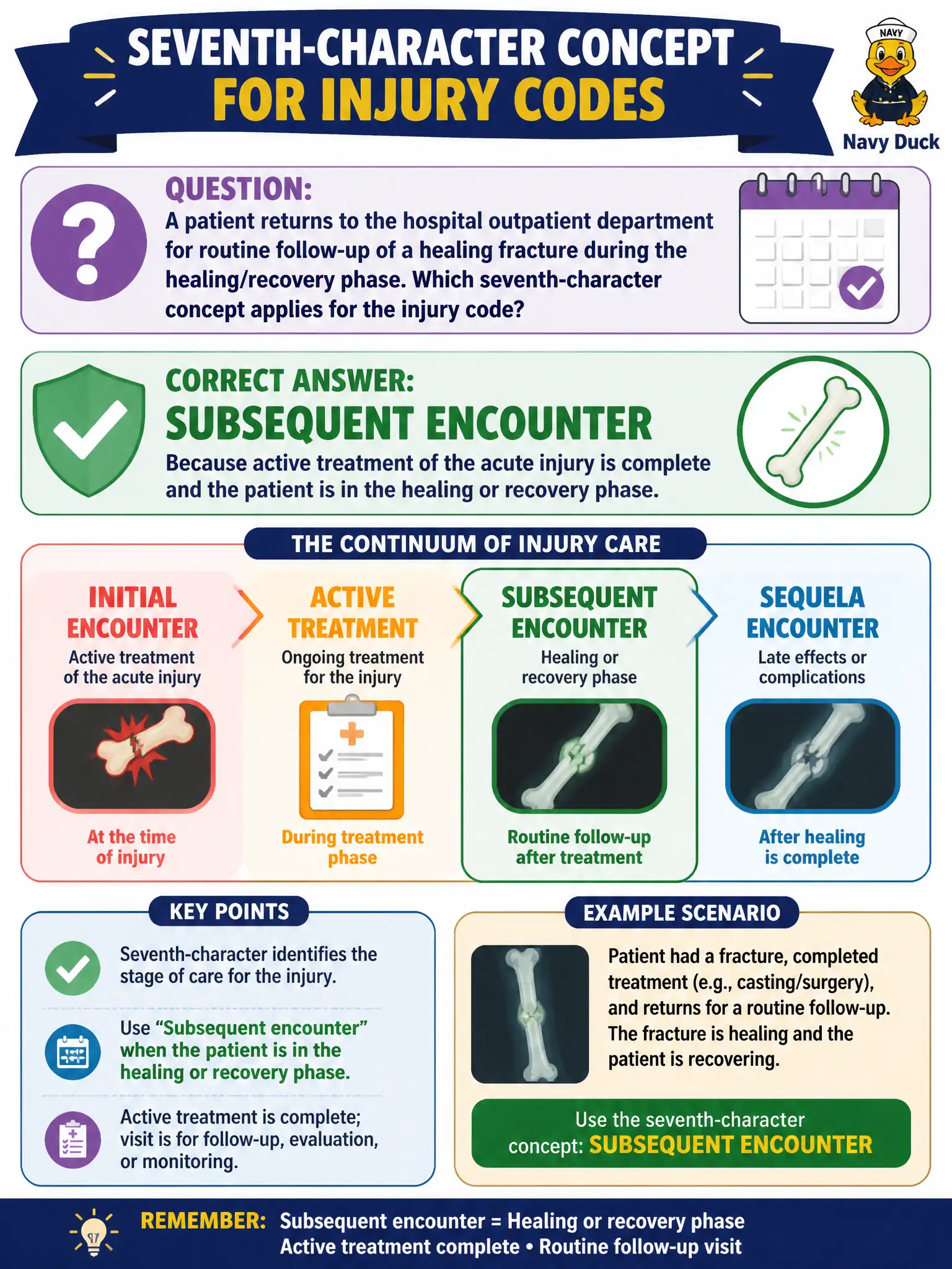 To Create an exciting colorful infographic that explains the concepts in the question: Question: A patient returns to the hospital outpatient department for routine follow-up of a healing fracture during the healing/recovery phase. Which seventh-character concept applies for the injury code? Correct Answer: Subsequent encounter (D), because active treatment of the acute injury is complete and the patient is in the healing or recovery phase. Put EVERY visible label in double quotes. No people. No A/B/C/D letters. In one of the four corners put a little "Navy Duck".