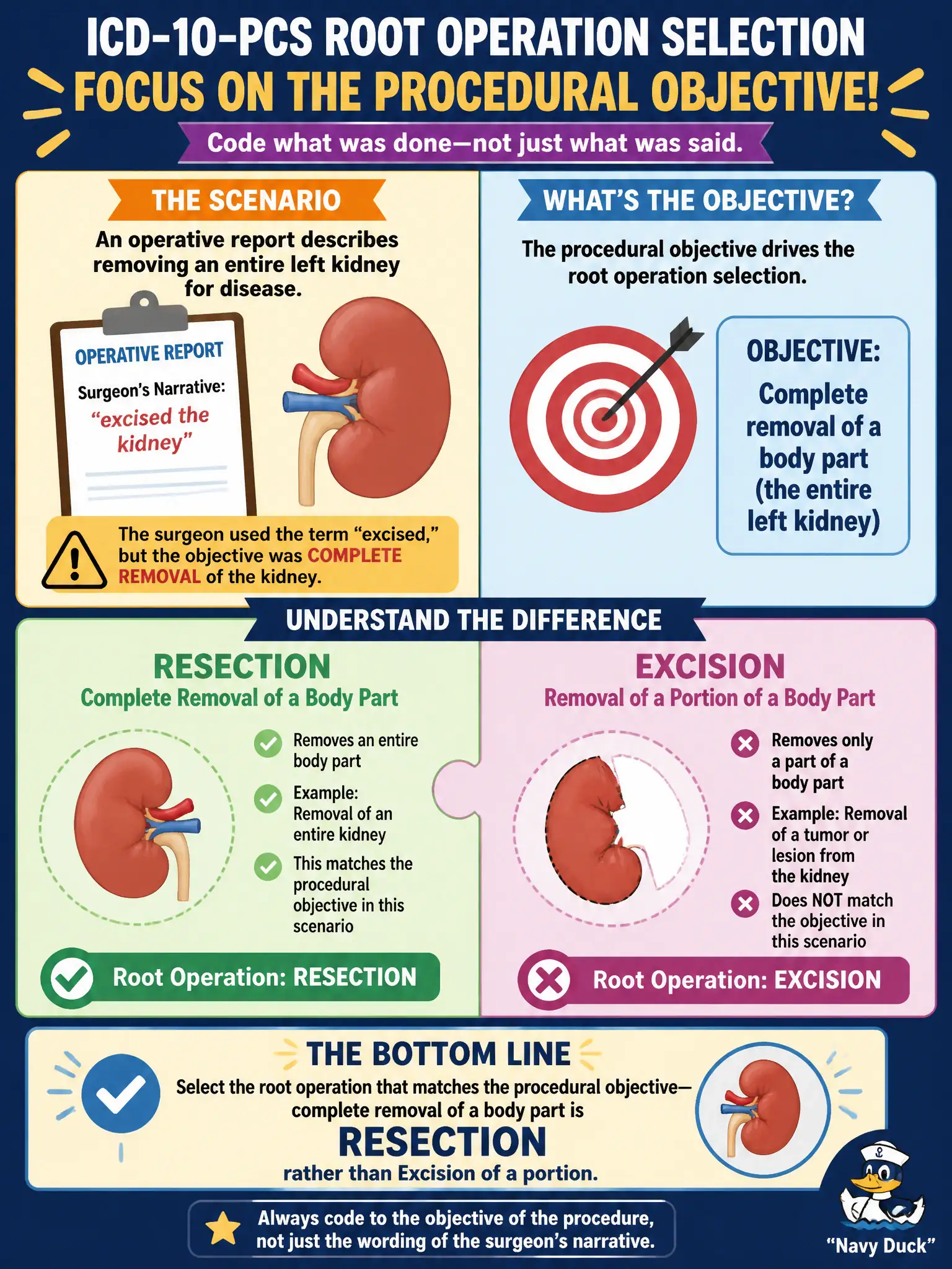 To Create an exciting colorful infographic that explains the concepts in the question: Question: An operative report describes removing an entire left kidney for disease. The surgeon’s narrative casually says “excised the kidney,” but the objective was complete removal of the body part. How should ICD-10-PCS root operation selection be approached? Correct Answer: Select the root operation that matches the procedural objective—complete removal of a body part is Resection rather than Excision of a portion. Put EVERY visible label in double quotes. No people. No A/B/C/D letters. In one of the four corners put a little "Navy Duck".