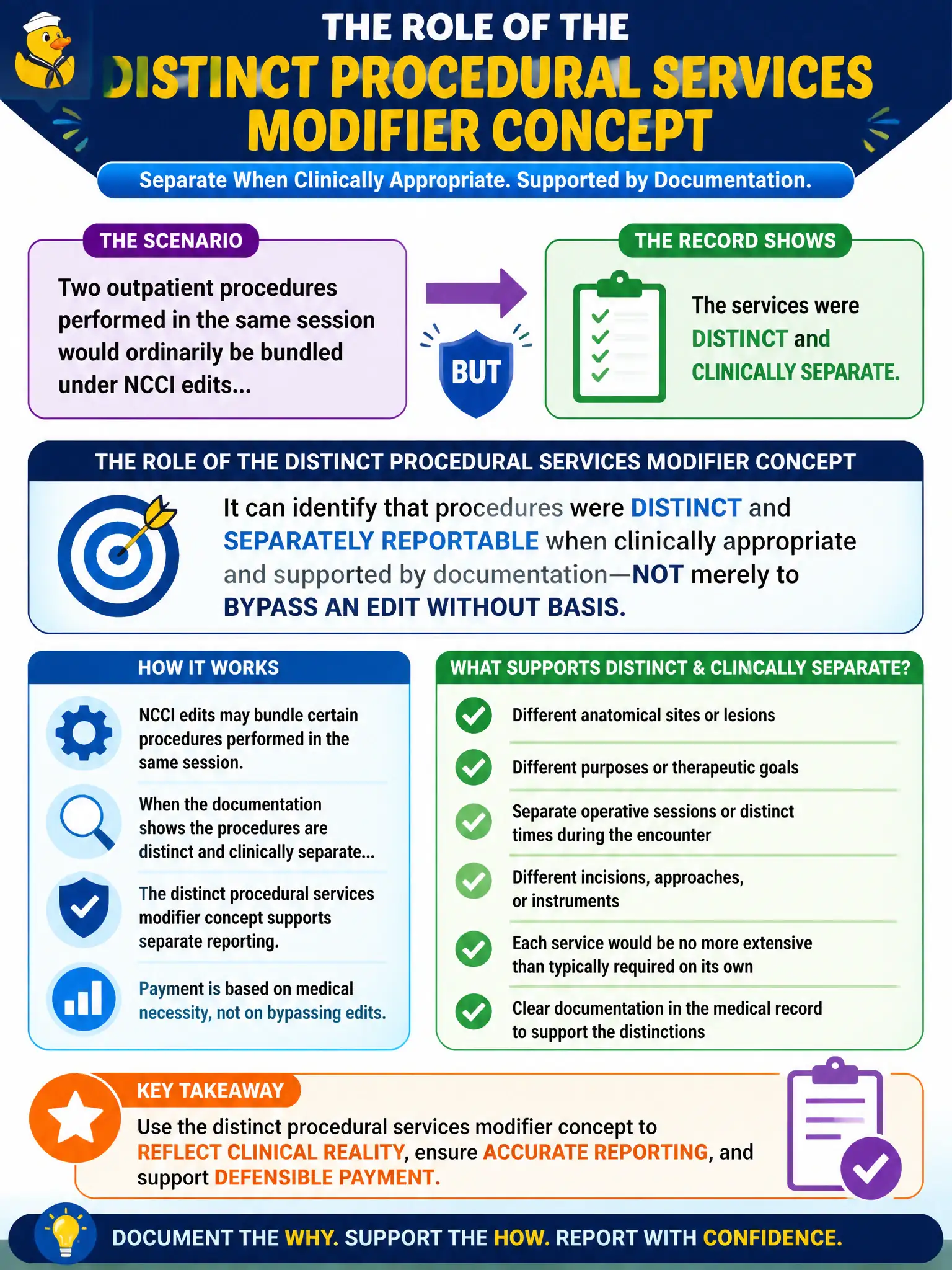 To Create an exciting colorful infographic that explains the concepts in the question: Question: Two outpatient procedures performed in the same session would ordinarily be bundled under NCCI edits, but the record documents that the services were distinct and clinically separate. What is the role of the distinct procedural services modifier concept? Correct Answer: It can identify that procedures were distinct and separately reportable when clinically appropriate and supported by documentation—not merely to bypass an edit without basis. Put EVERY visible label in double quotes. No people. No A/B/C/D letters. In one of the four corners put a little "Navy Duck".