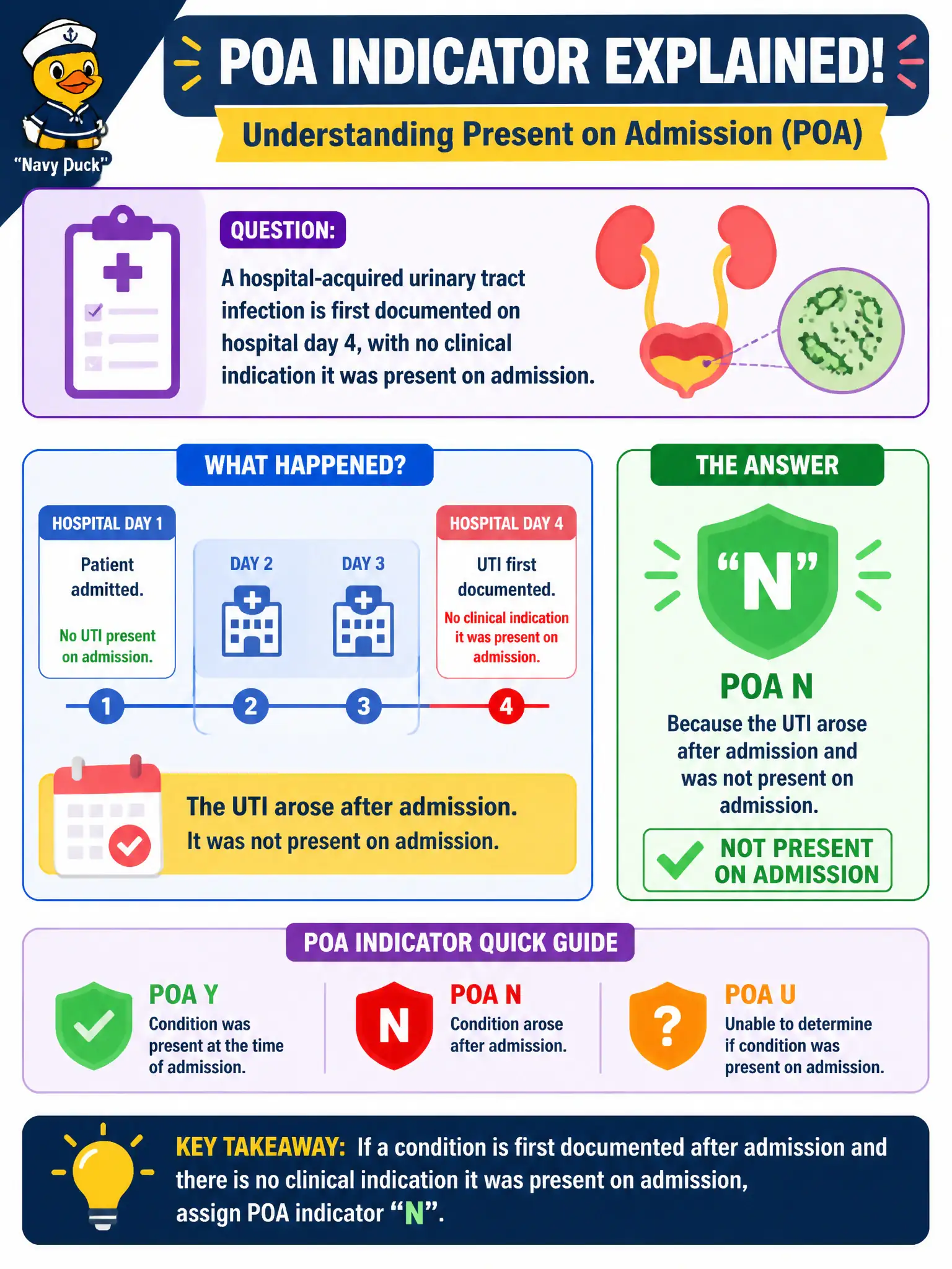 To Create an exciting colorful infographic that explains the concepts in the question: Question: A hospital-acquired urinary tract infection is first documented on hospital day 4, with no clinical indication it was present on admission. Which POA indicator should be assigned? Correct Answer: POA N, because the UTI arose after admission and was not present on admission. Put EVERY visible label in double quotes. No people. No A/B/C/D letters. In one of the four corners put a little "Navy Duck".