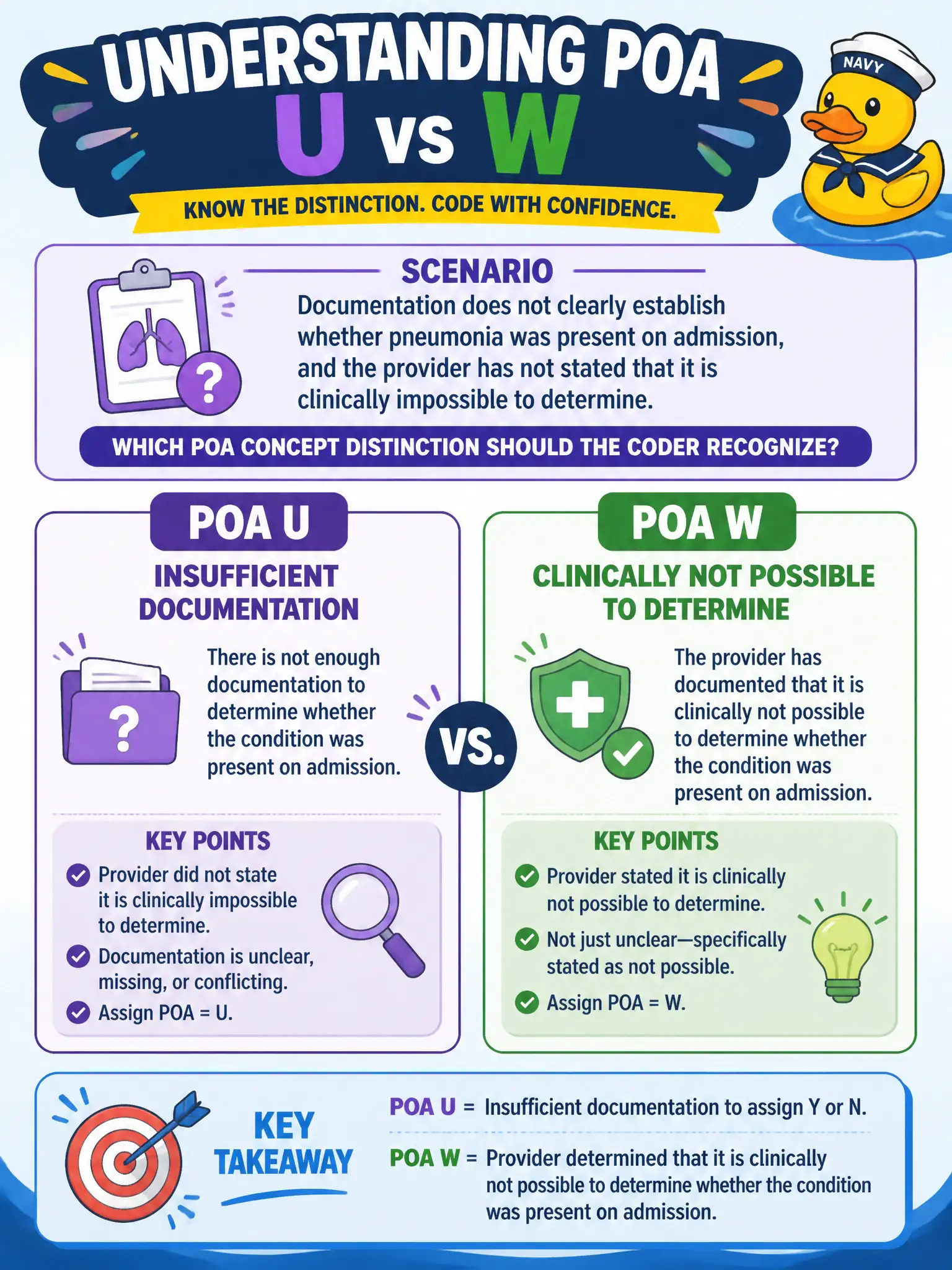 To Create an exciting colorful infographic that explains the concepts in the question: Question: Documentation does not clearly establish whether pneumonia was present on admission, and the provider has not stated that it is clinically impossible to determine. Which POA concept distinction should the coder recognize? Correct Answer: POA U indicates insufficient documentation to assign Y or N, whereas POA W indicates the provider determined that it is clinically not possible to determine whether the condition was present on admission. Put EVERY visible label in double quotes. No people. No A/B/C/D letters. In one of the four corners put a little "Navy Duck".