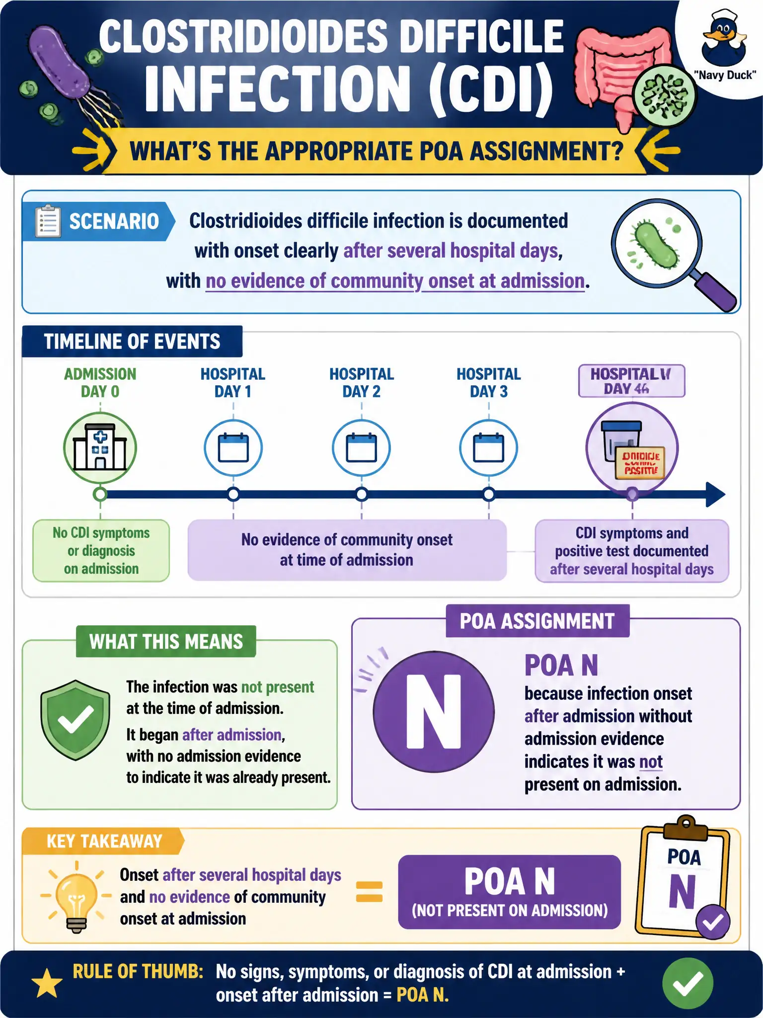 To Create an exciting colorful infographic that explains the concepts in the question: Question: Clostridioides difficile infection is documented with onset clearly after several hospital days, with no evidence of community onset at admission. Which POA assignment is appropriate? Correct Answer: POA N, because infection onset after admission without admission evidence indicates it was not present on admission. Put EVERY visible label in double quotes. No people. No A/B/C/D letters. In one of the four corners put a little "Navy Duck".